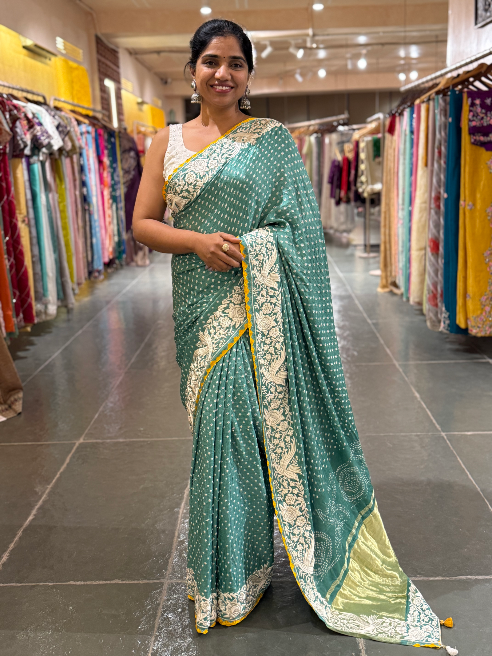 Teal Pure Gajji Silk Kutch Bandhej Saree with Parsi Gara Embroidery