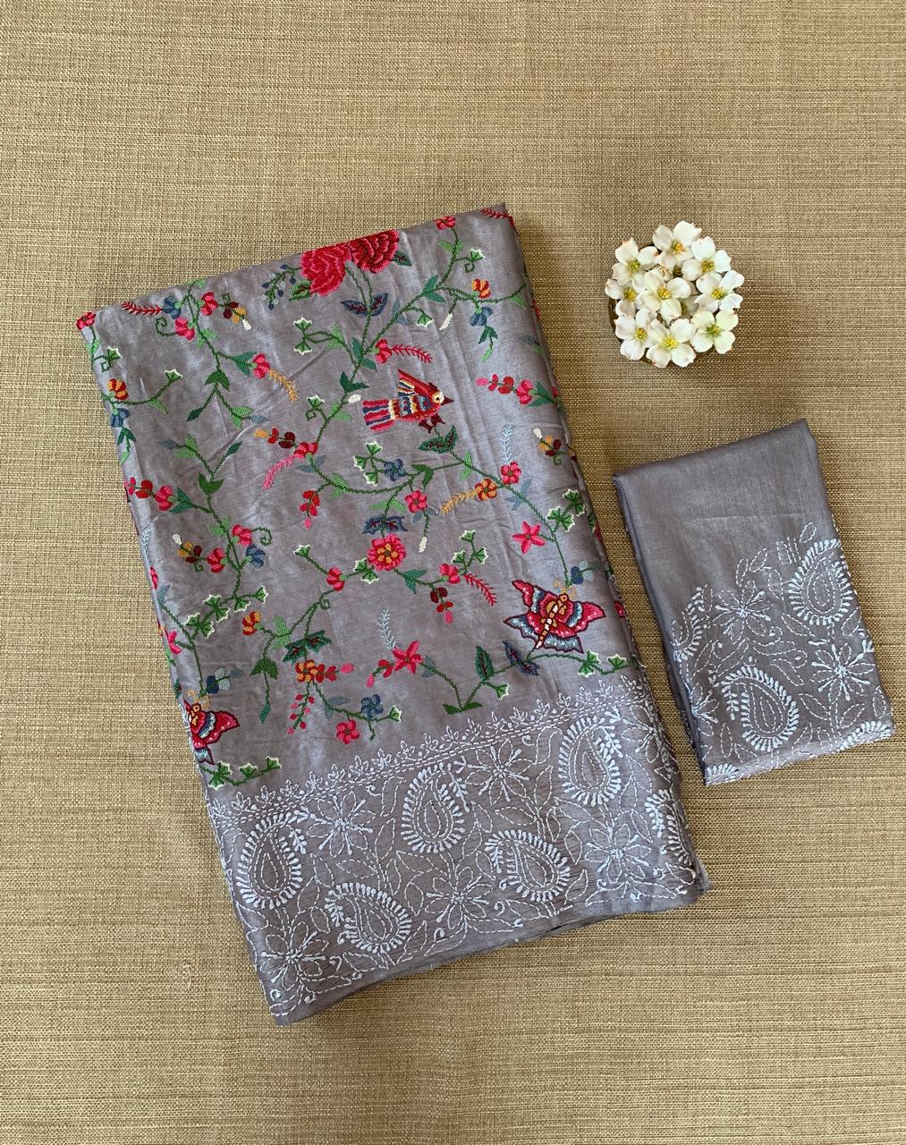Tussar Saree With Petite Point Embroidered body & Hand lucknowi border & Pallu