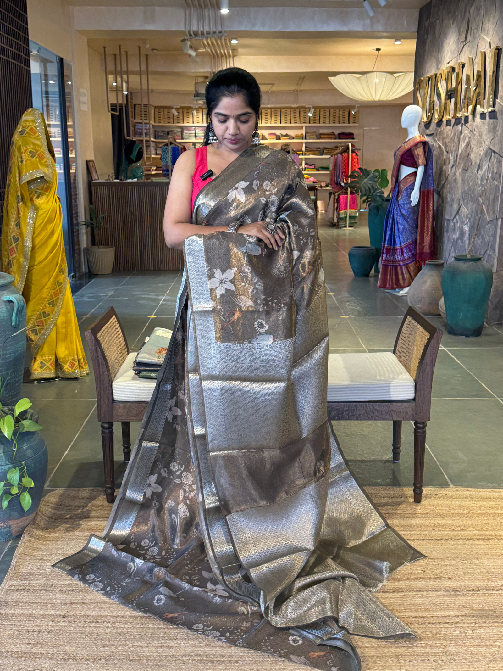 Brown Banarasi Floral Printed Cotton Saree with brocade pallu and blouse