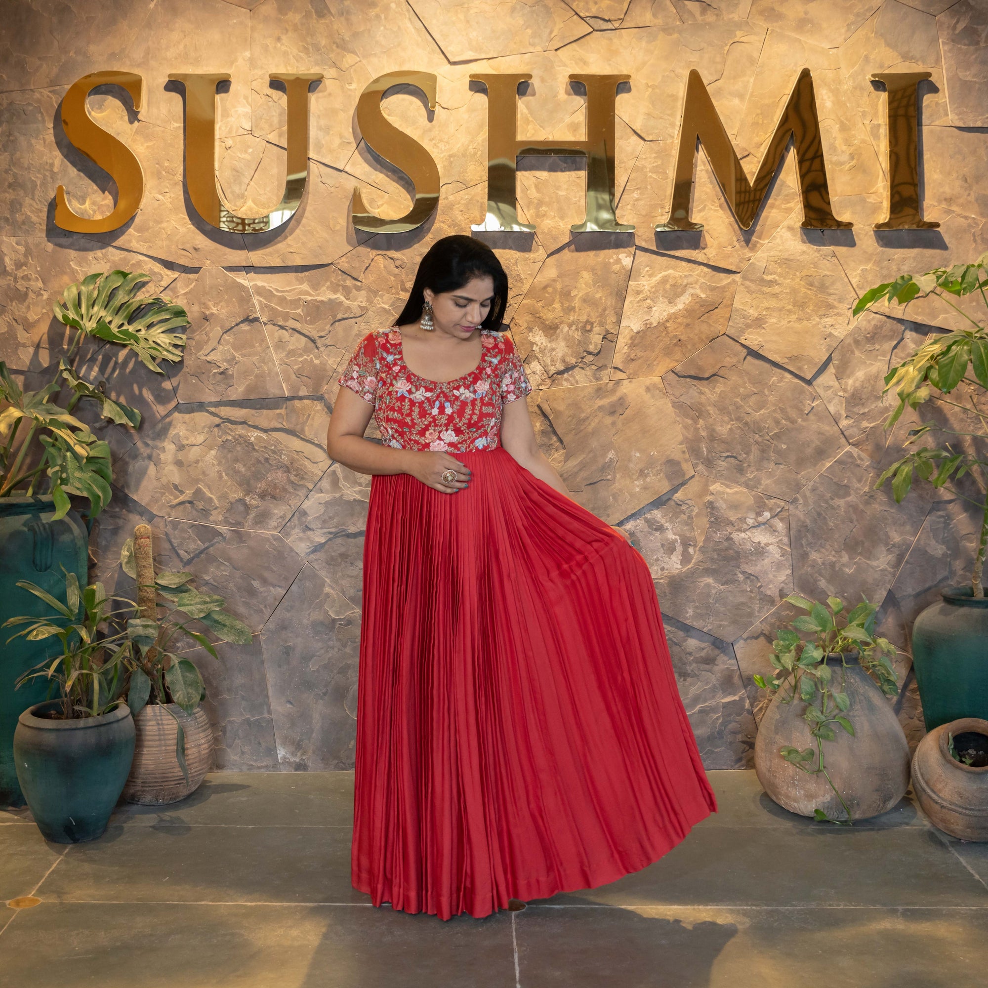 Red Modal Satin Silk Long Frock with heavy handwork yoke
