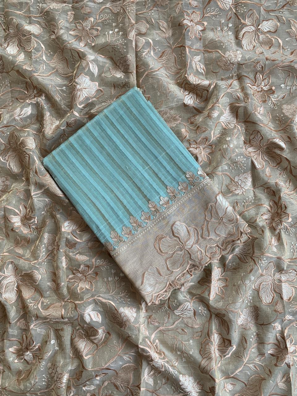 Pastel blue Mul Tissue Stripes Saree With Tissue Cutwork  Border & Blouse