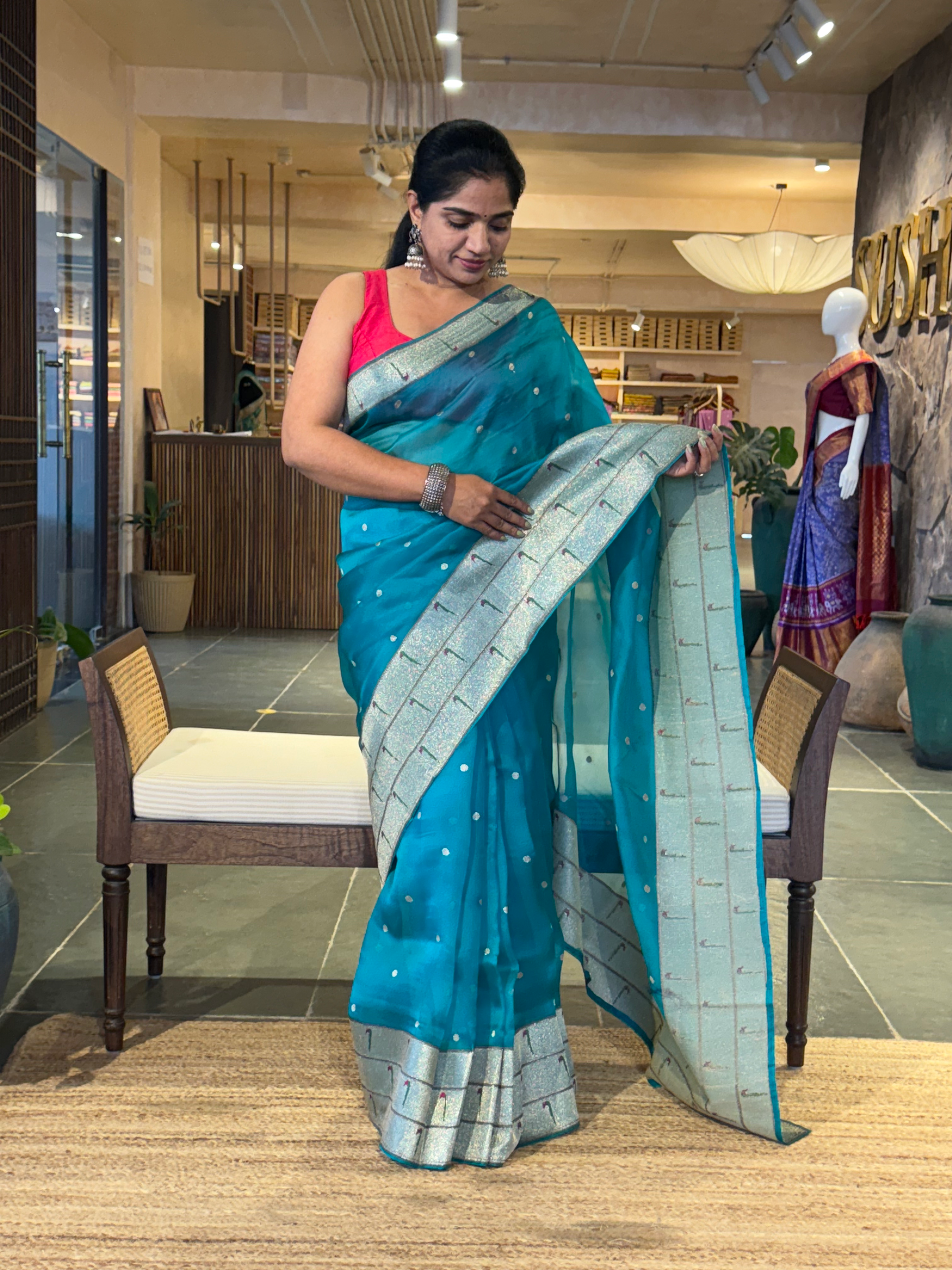 Peacock Blue Pure Handloom Kora Silk and Pythani Fusion Saree