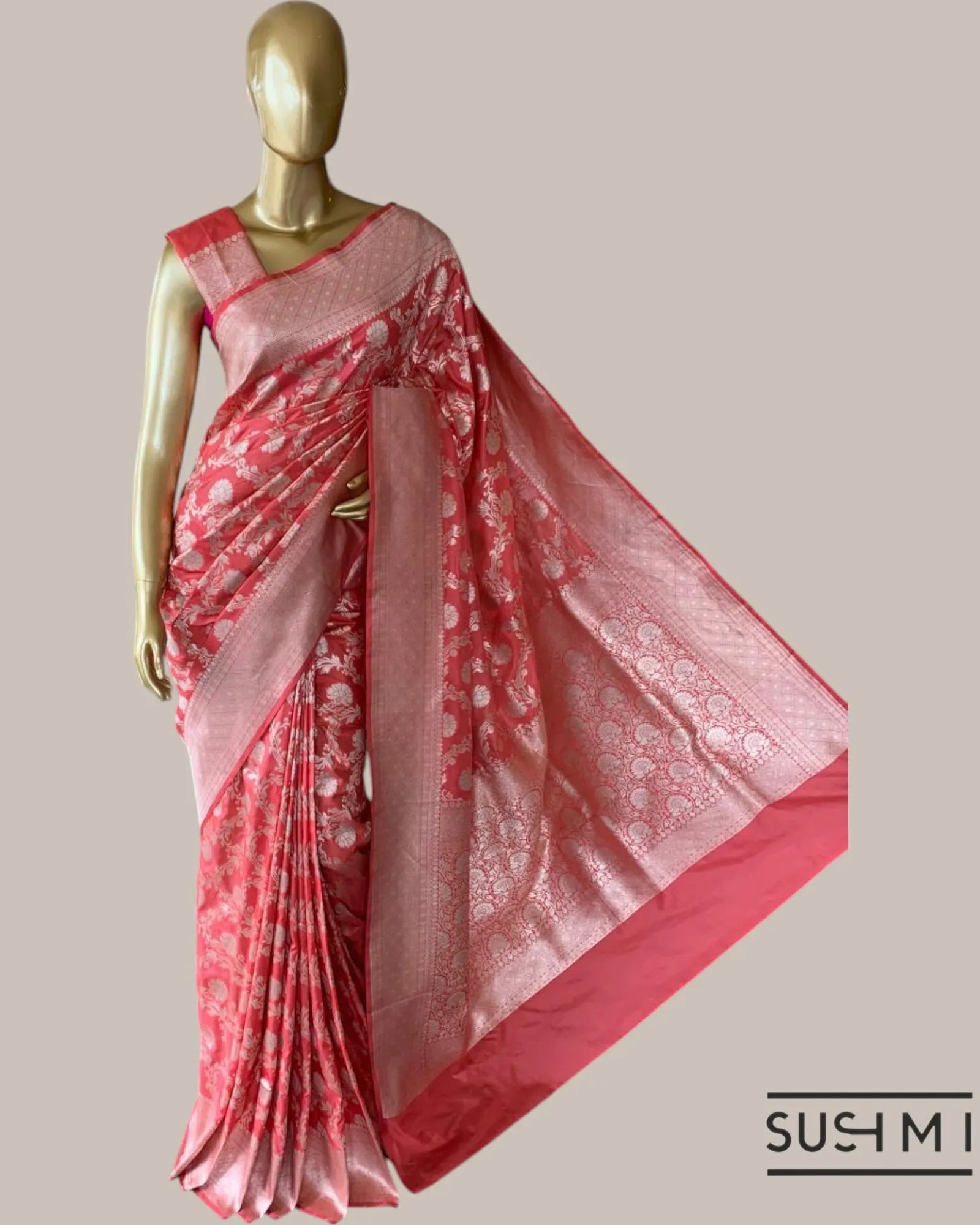 Kanakambaram Color Banarasi Katan Silk Saree with alliver  floral creeper jaal d