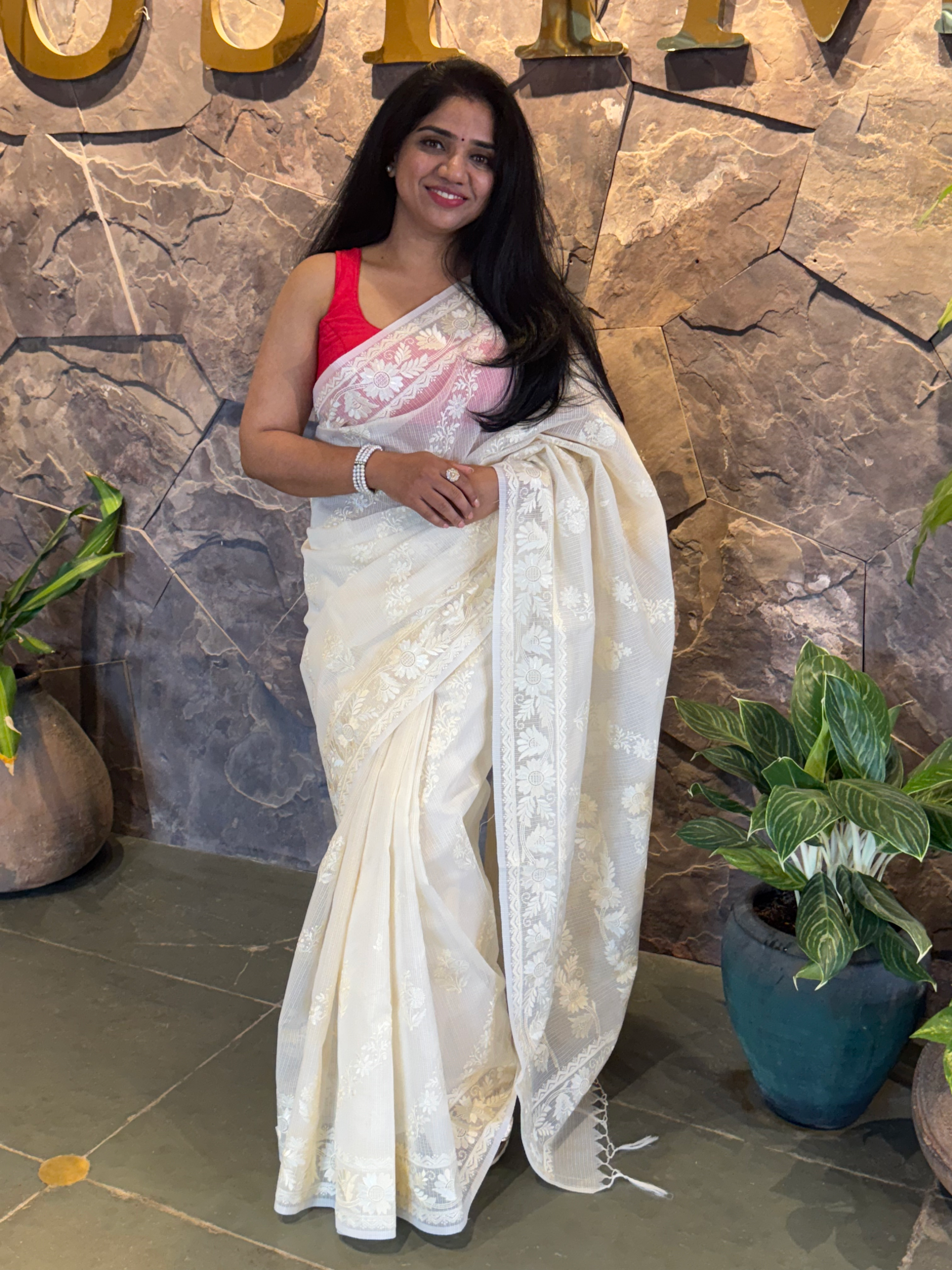 KCCA1904 : Kota Cotton Chikankari Embroidered Saree paired with Fusion Blouses