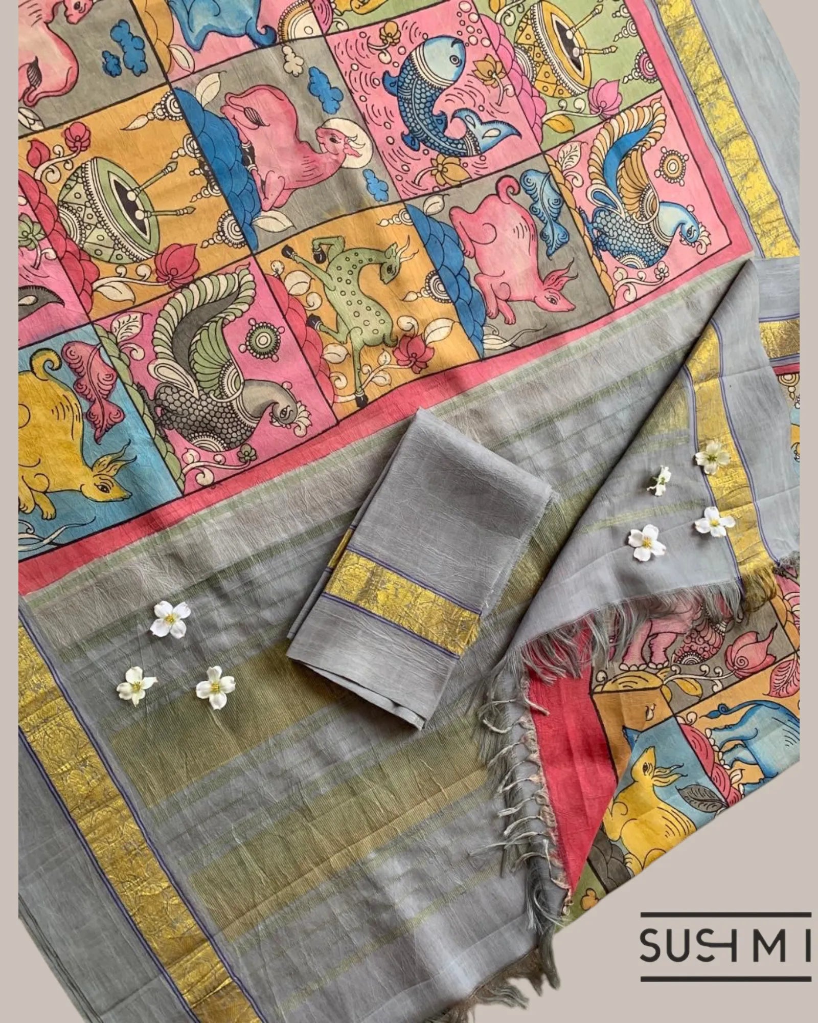 Kanchi Pen kalamkari handpainted saree with heavy borders