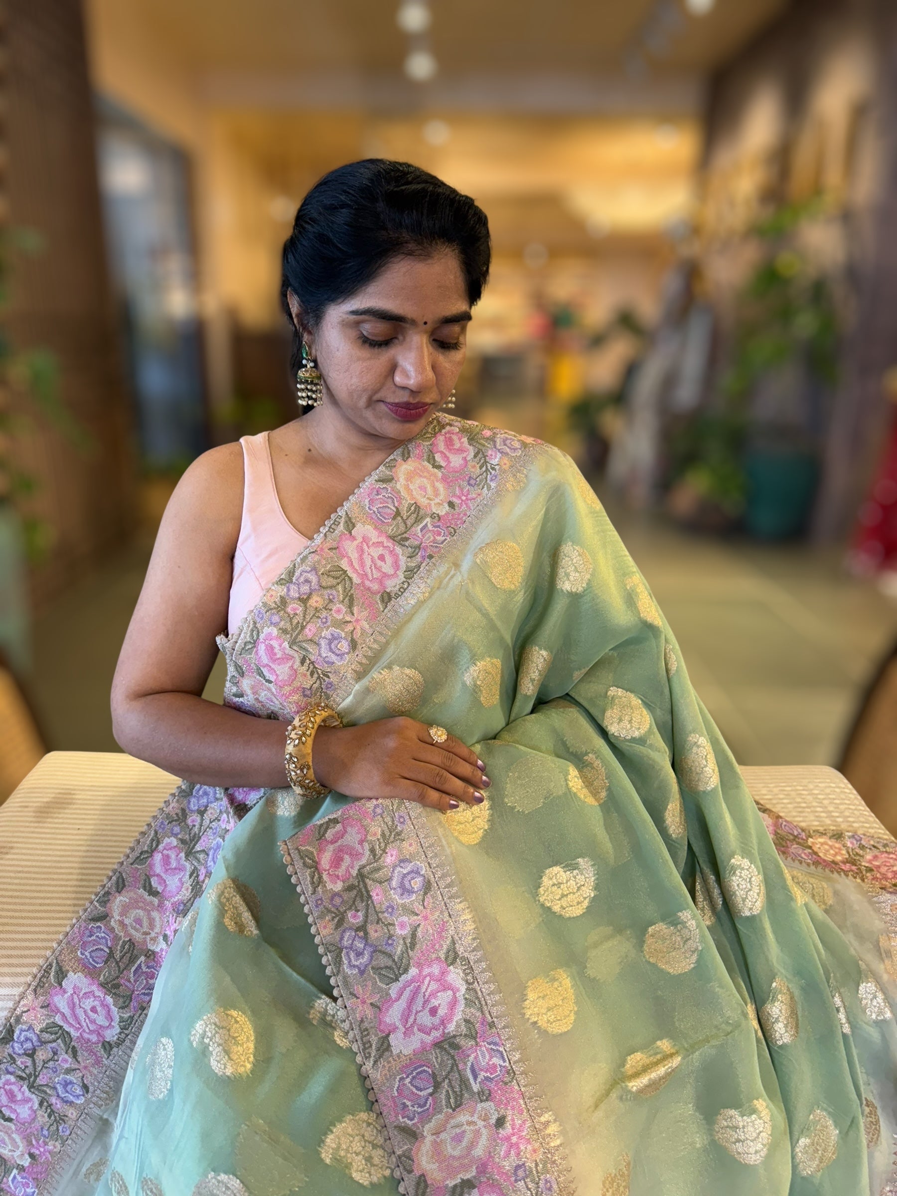 Mint Green Banarasi Tissue Gorgette Saree Wth Petite Point Border