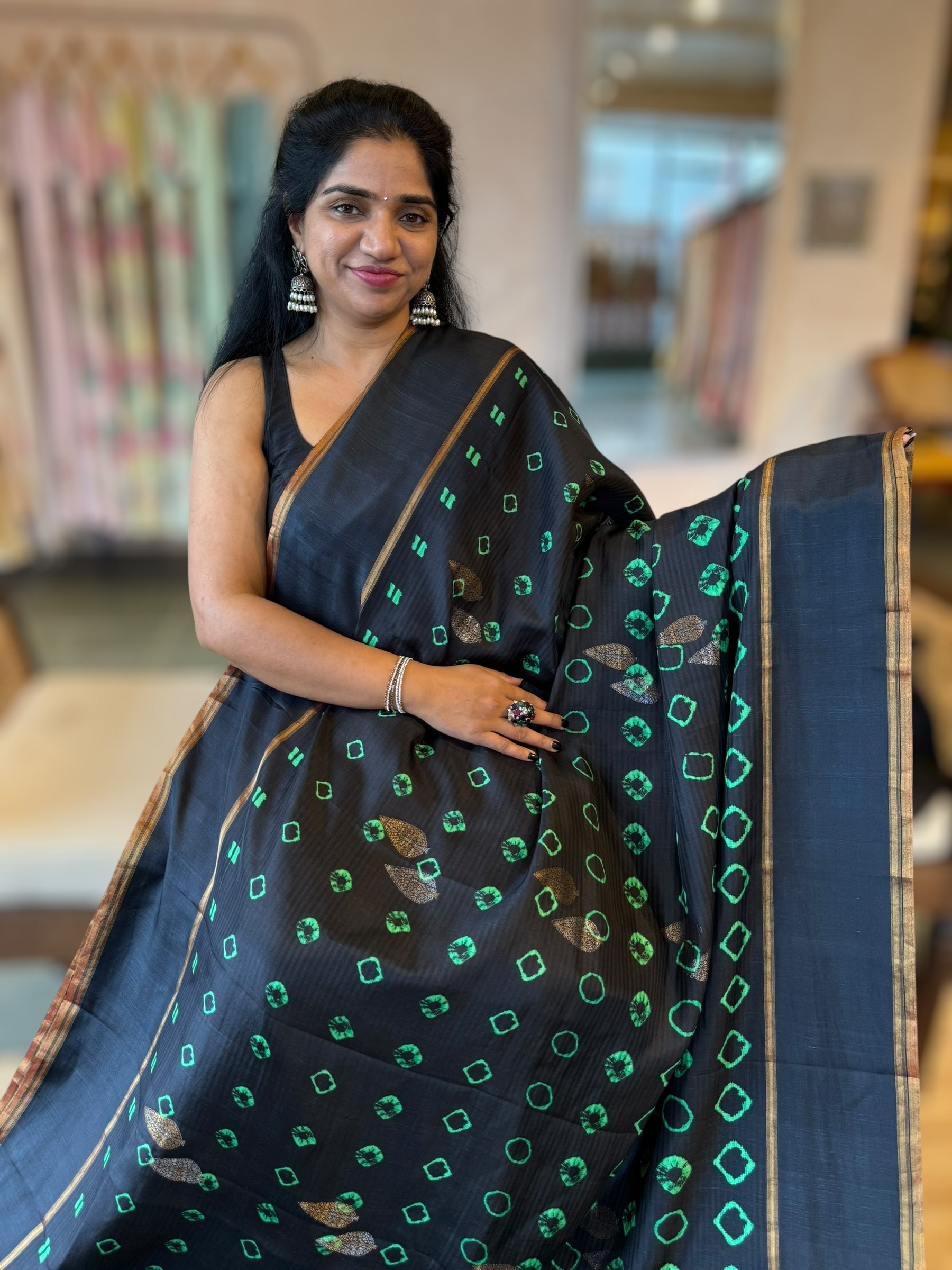 Black Kanchi Soft Silk Saree with Bandhini Print