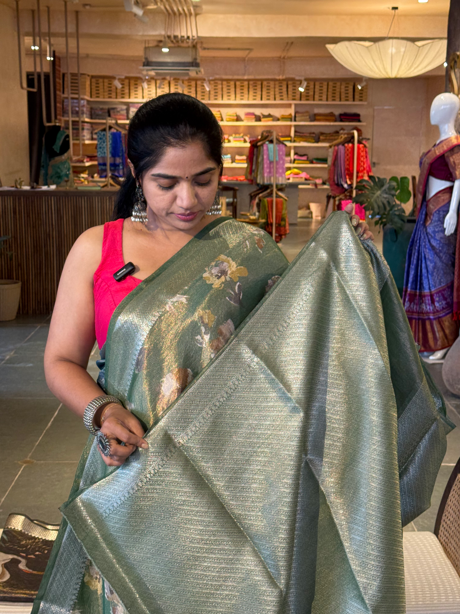 Brown Banarasi Floral Printed Cotton Saree with brocade pallu and blouse