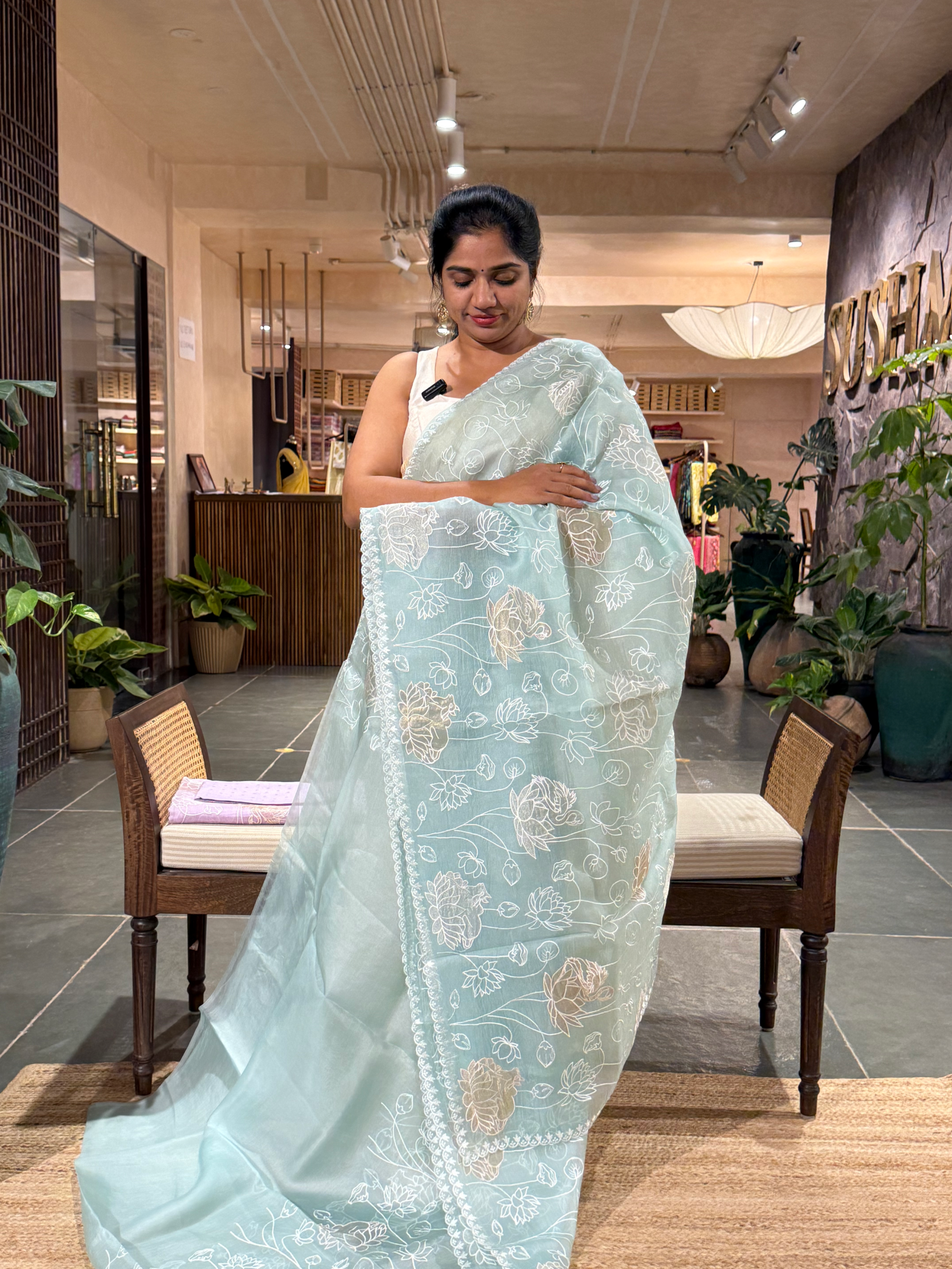 SOAA1608 : Pastel Blue Organza Saree with Allover Pichwai Applique Embroidery