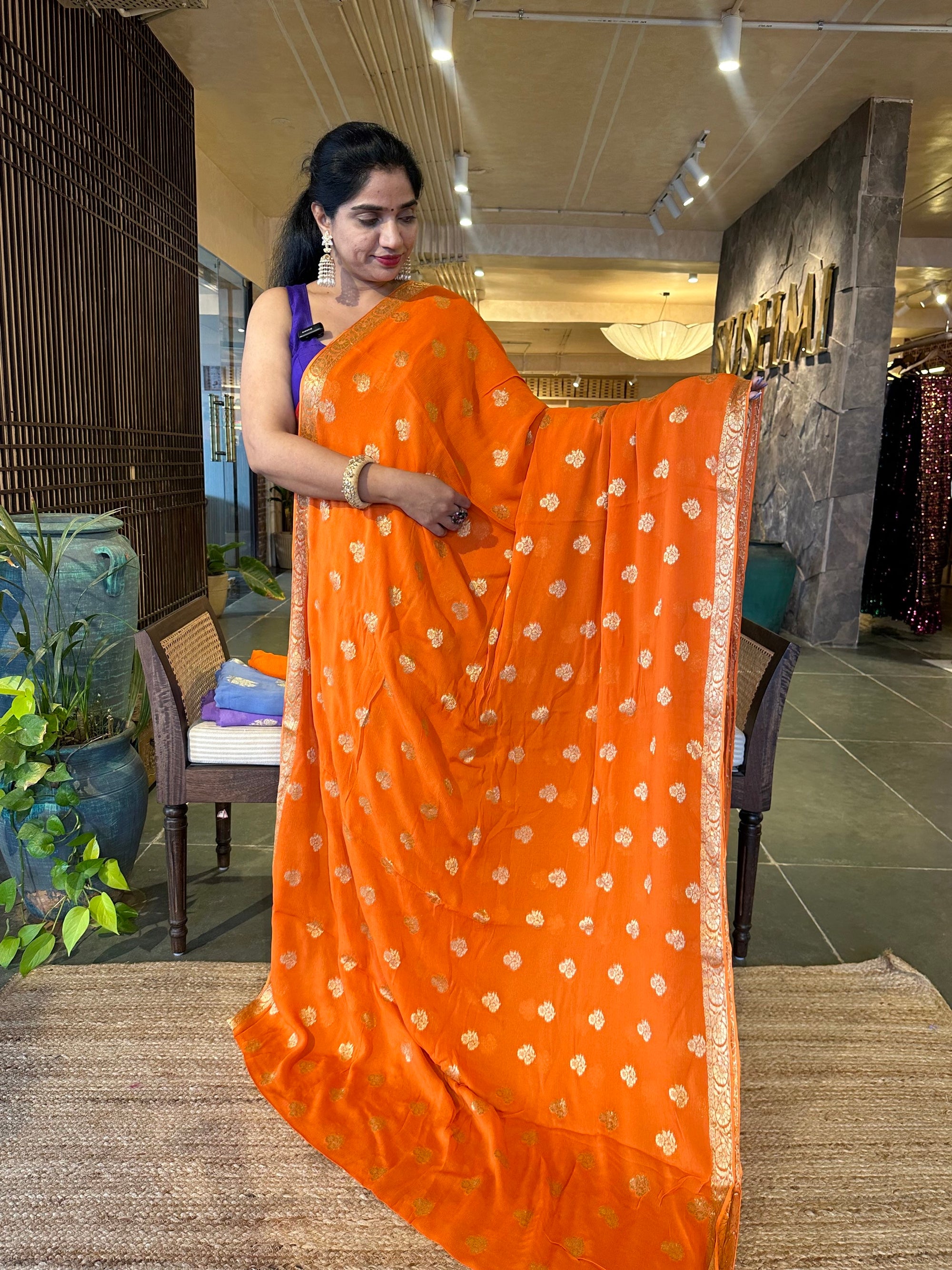 Orange Banarasi Chiffon Saree