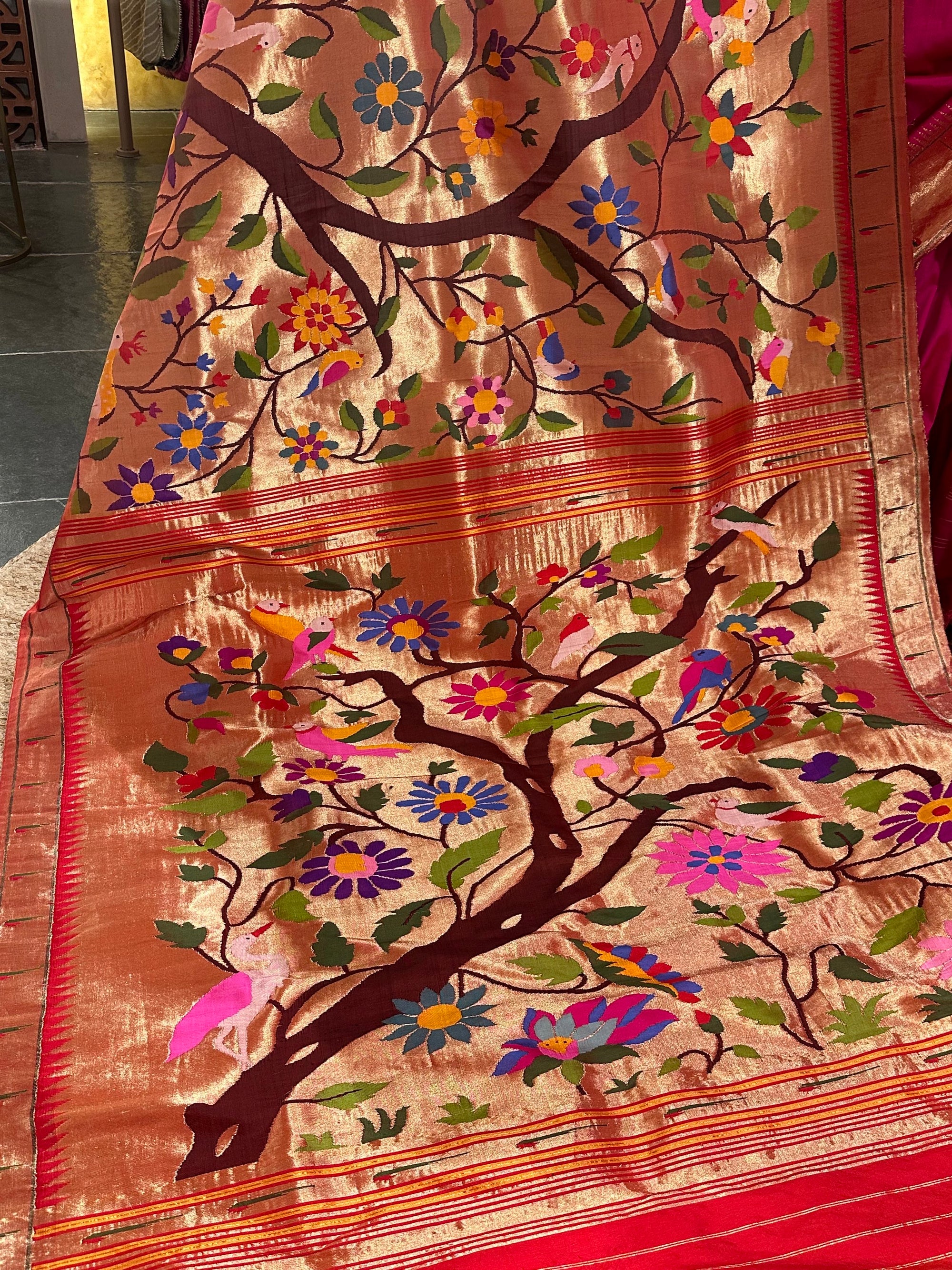 Dark Peach Tissue Allover Pure Handloom Paithani Saree