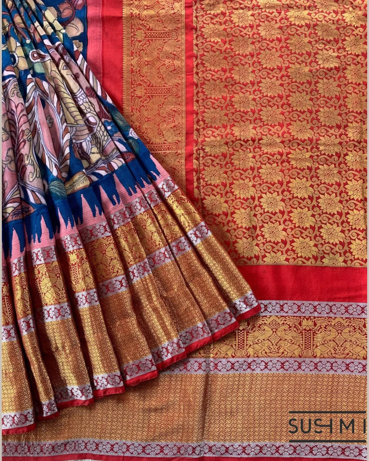 Blue Kanchi Pen kalamkari handpainted saree with heavy borders
