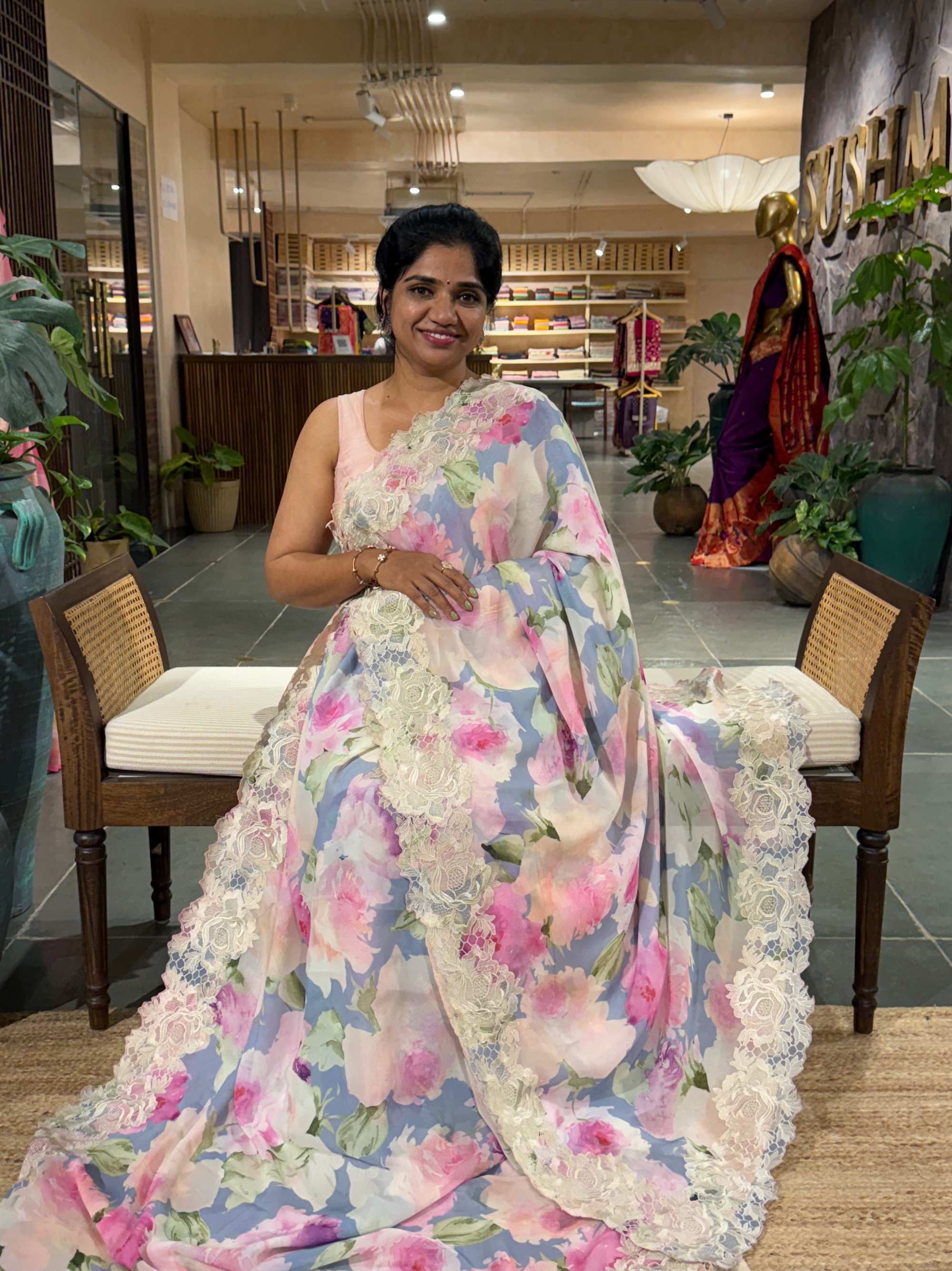 Pure  Gorgette Printed Saree With Cutwork Lace Border
