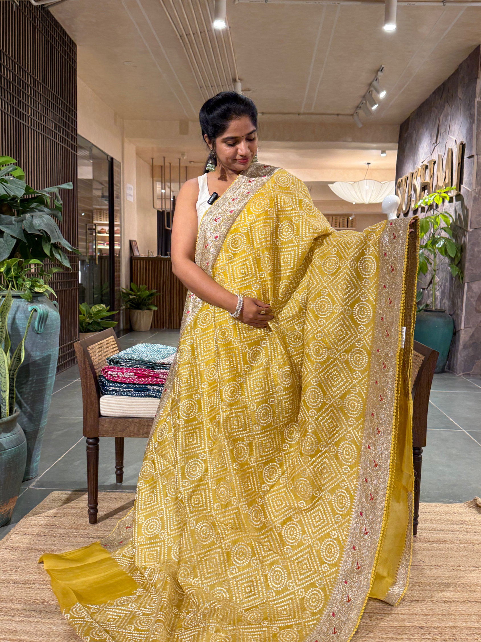 SOBBM179: Yellow Organza Banarasi with Bandhini Look Allover Embroidery