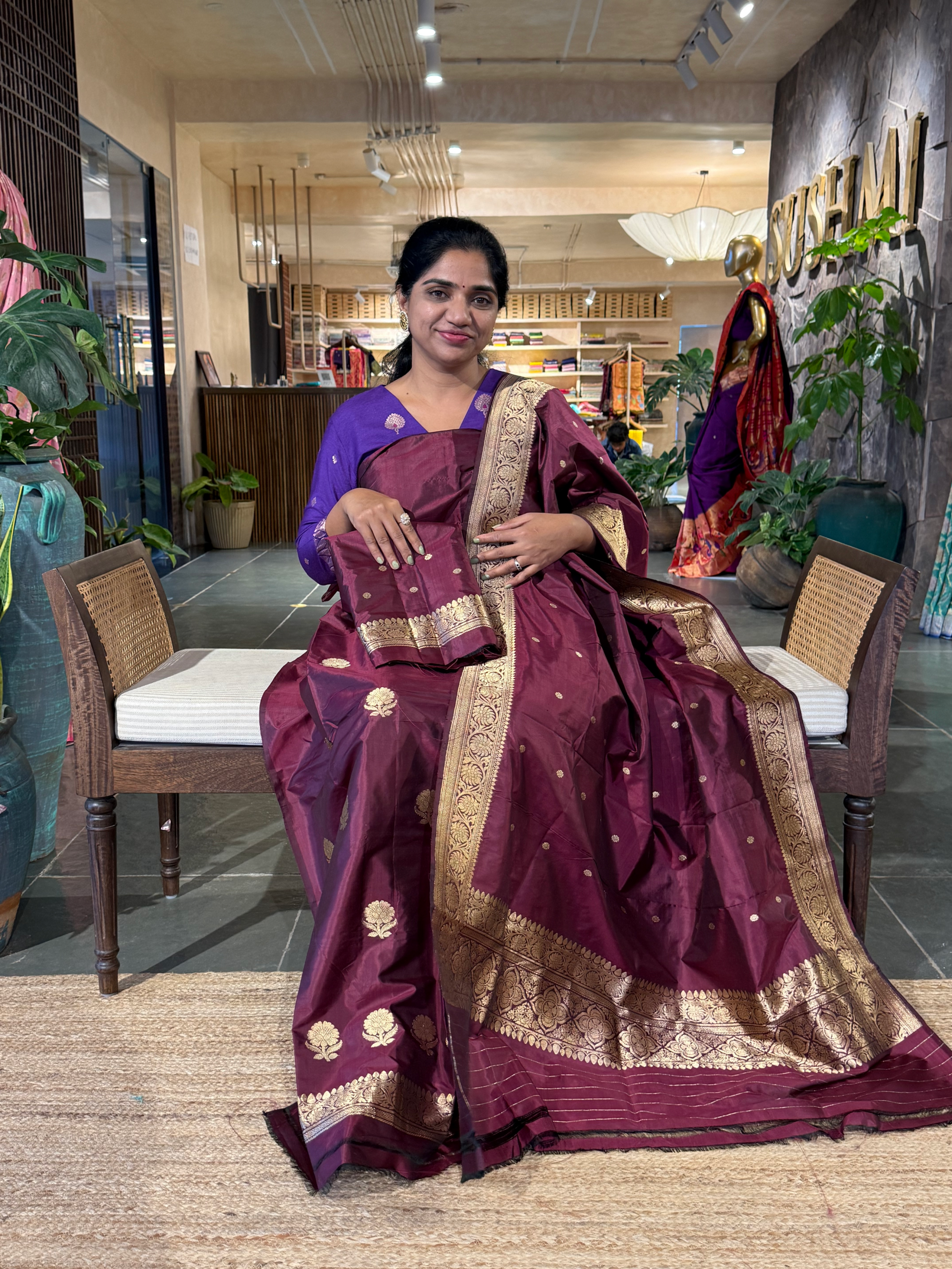 Winish Browm Pure Handloom Katan Silk  3 pc Suit Set with  kaduwa weaving