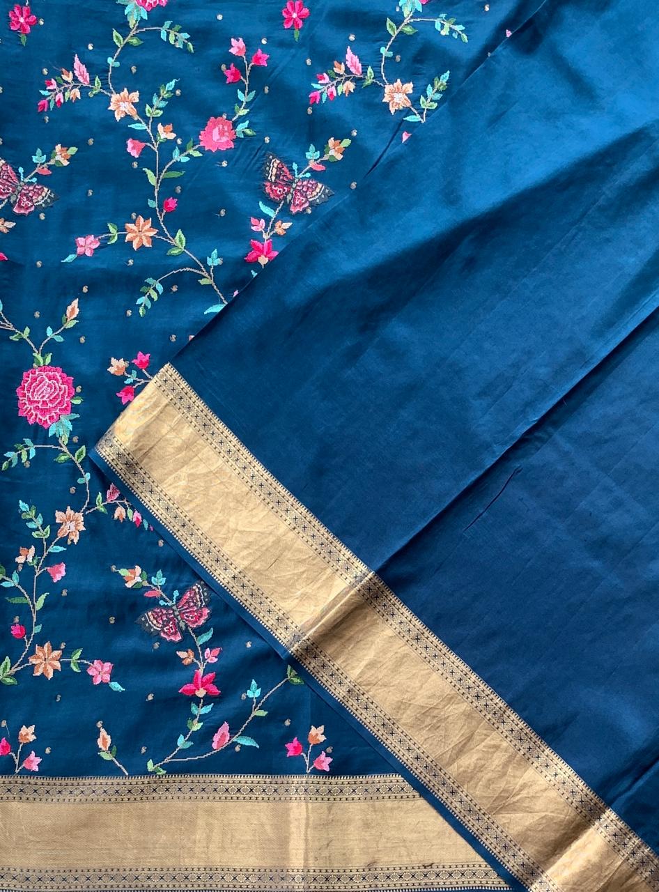 Midnight Blue Kanchi soft Silk Saree With Allover Petite Point Embroidery