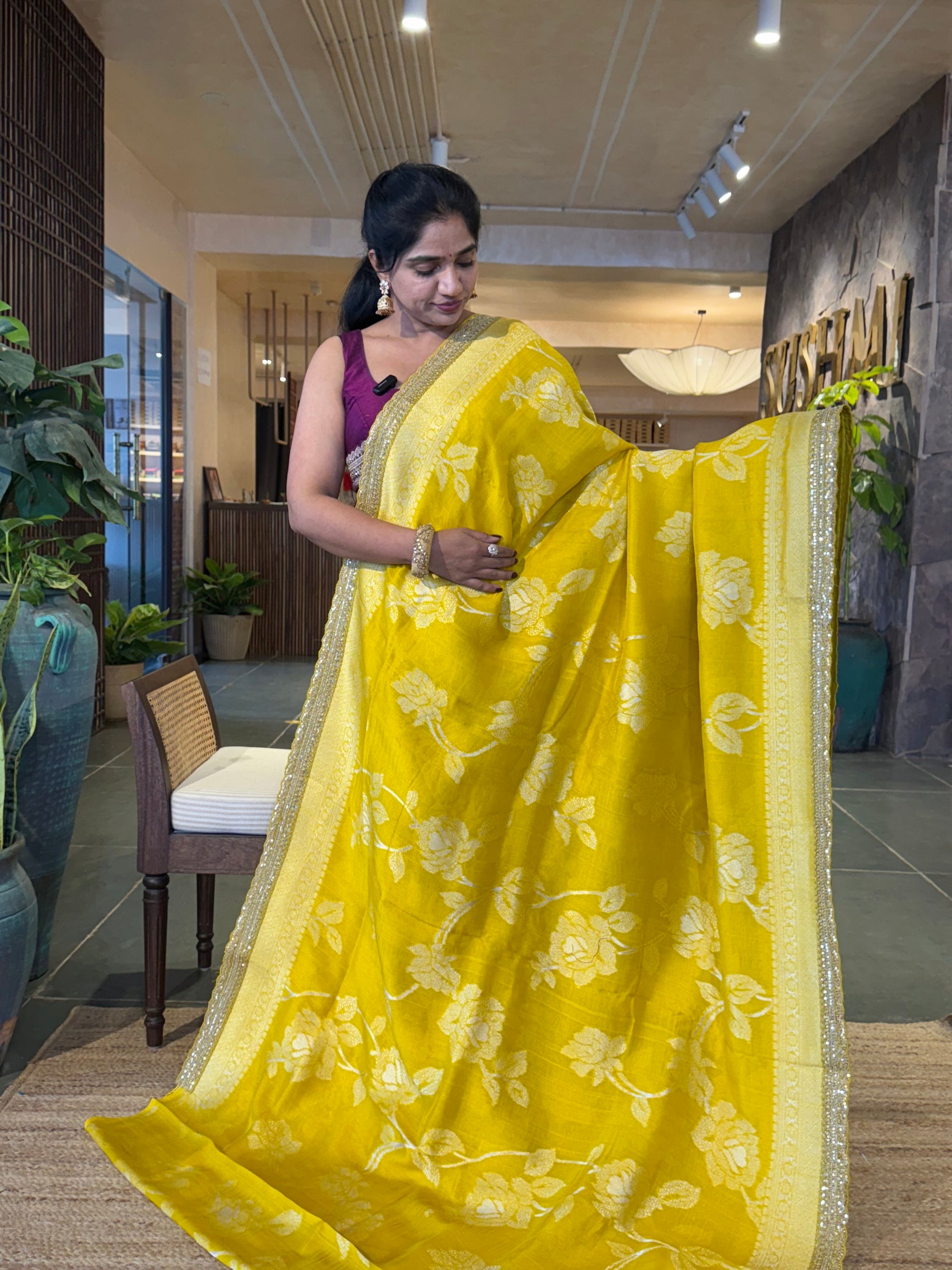 Yellow Tussar Khaddi Saree with Allover weaving and sabhyasachi borders STKM15