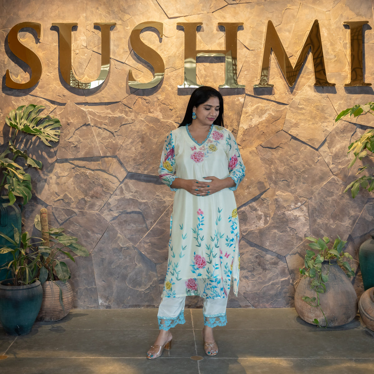 Pure Chinnon printed coordset with handwork