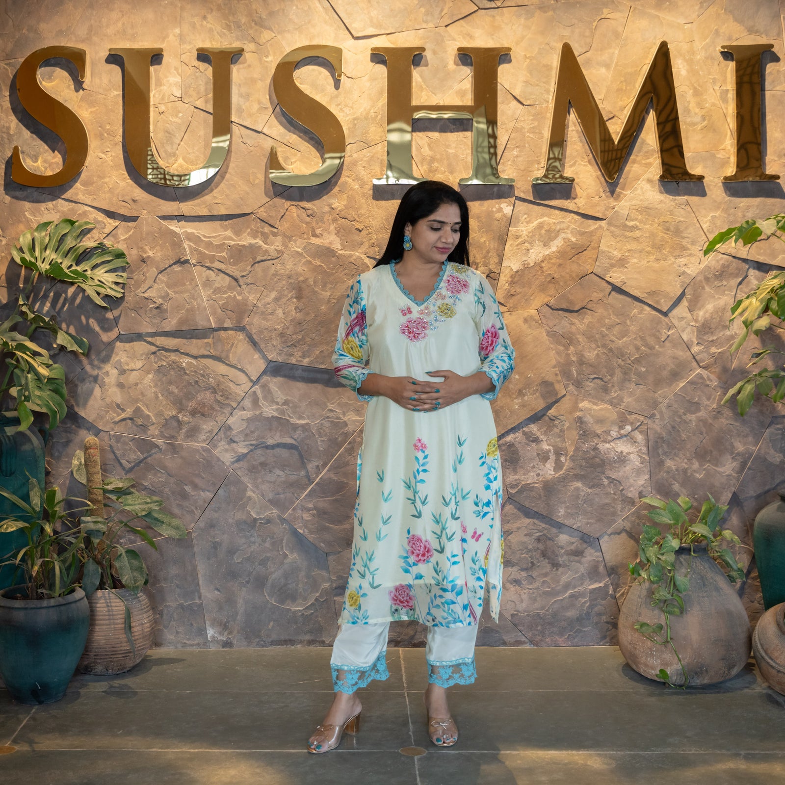 Pure Chinnon printed coordset with handwork