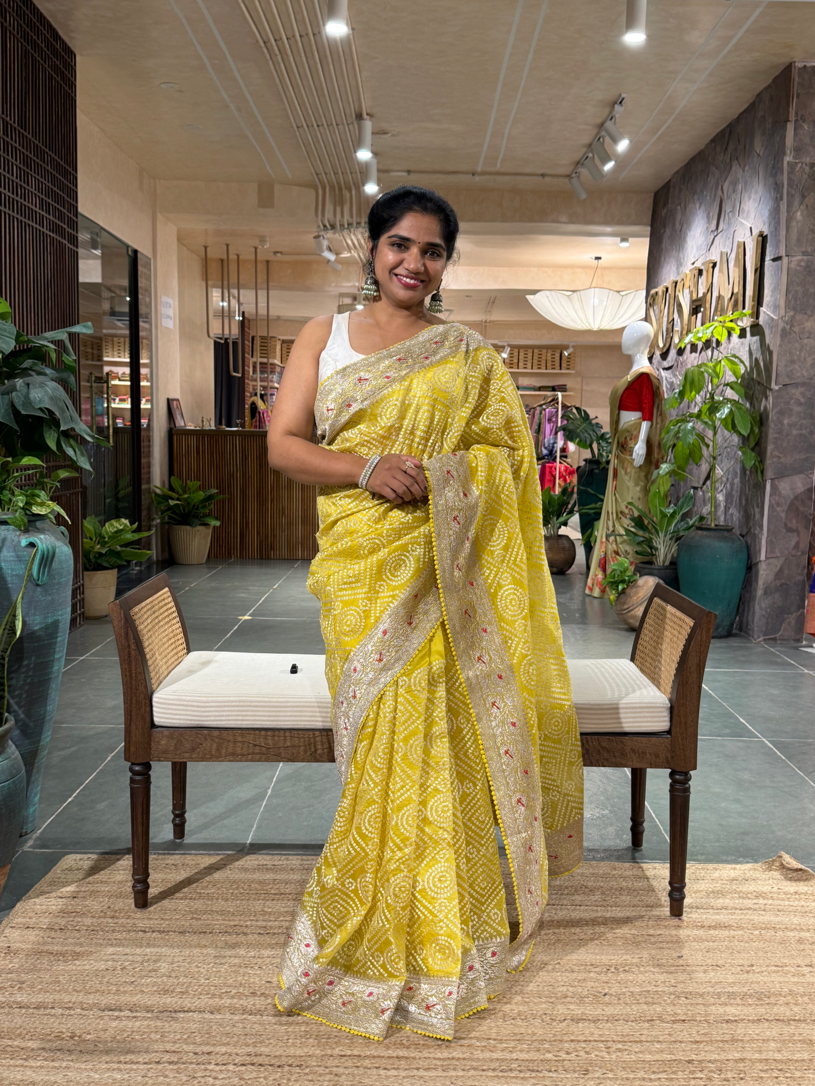 SOBBM171: Lemon Yellow Organza Banarasi with Bandhini Look Allover Embroidery