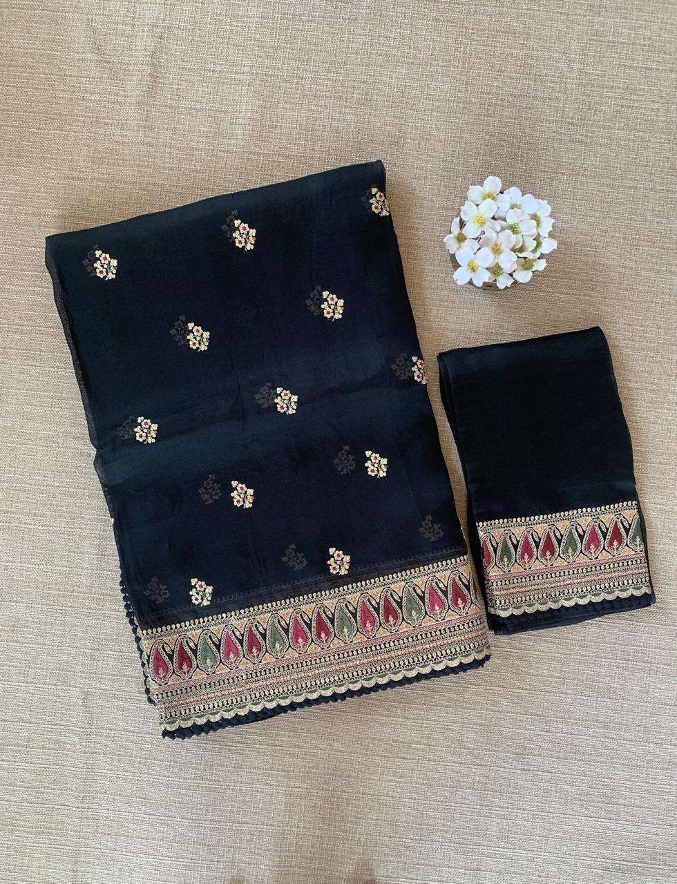 Luxe Black Organza Saree with Sabyasachi-Inspired Border & Blouse