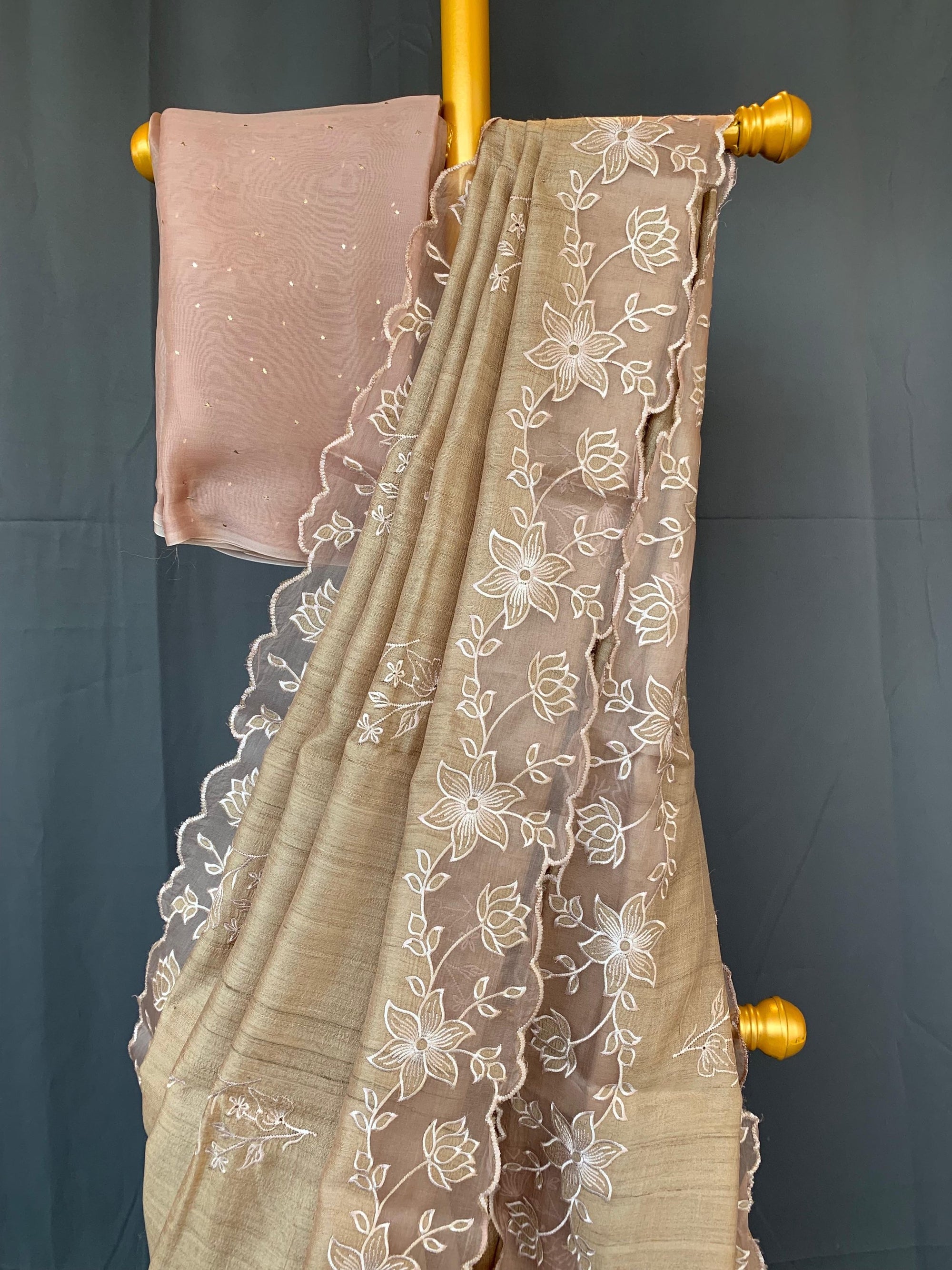 Pure handloom Tussar Designer Saree with Organza Applique Cutwork Border