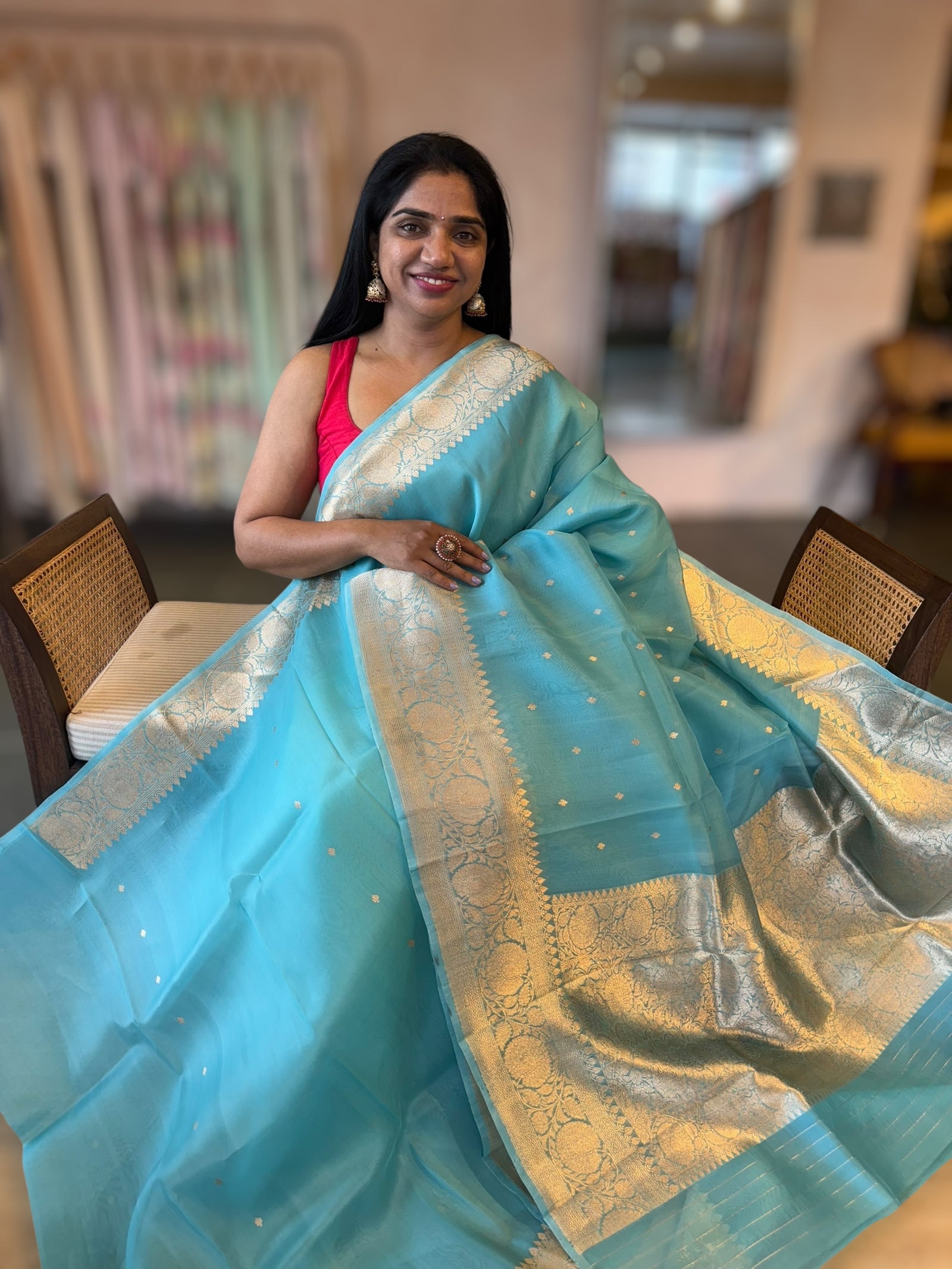 Pastel Blue Pure Handloom Kora Banarasi Saree With Kaduwa Woven Motifs
