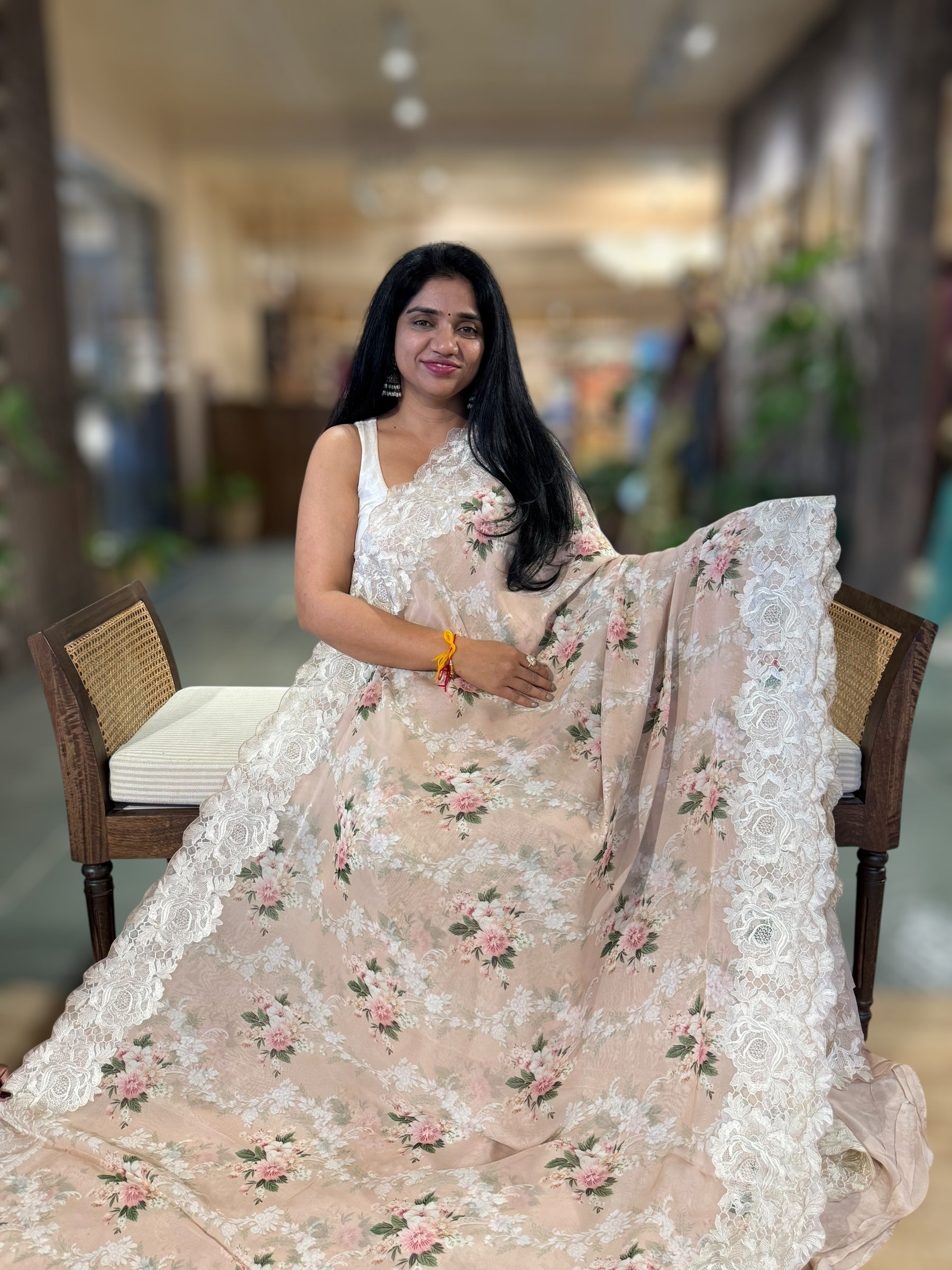 Nude Gorgette Printed Saree With Chatilly Lace Style Cutwork embroidered Border
