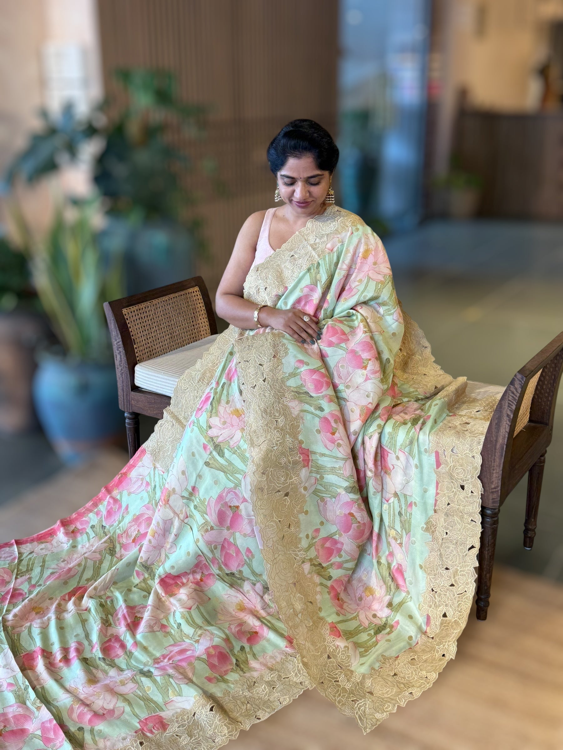 Mint Banarasi Printed Tussar Khaddi Gorgette With Tissue cutwork Rose Border