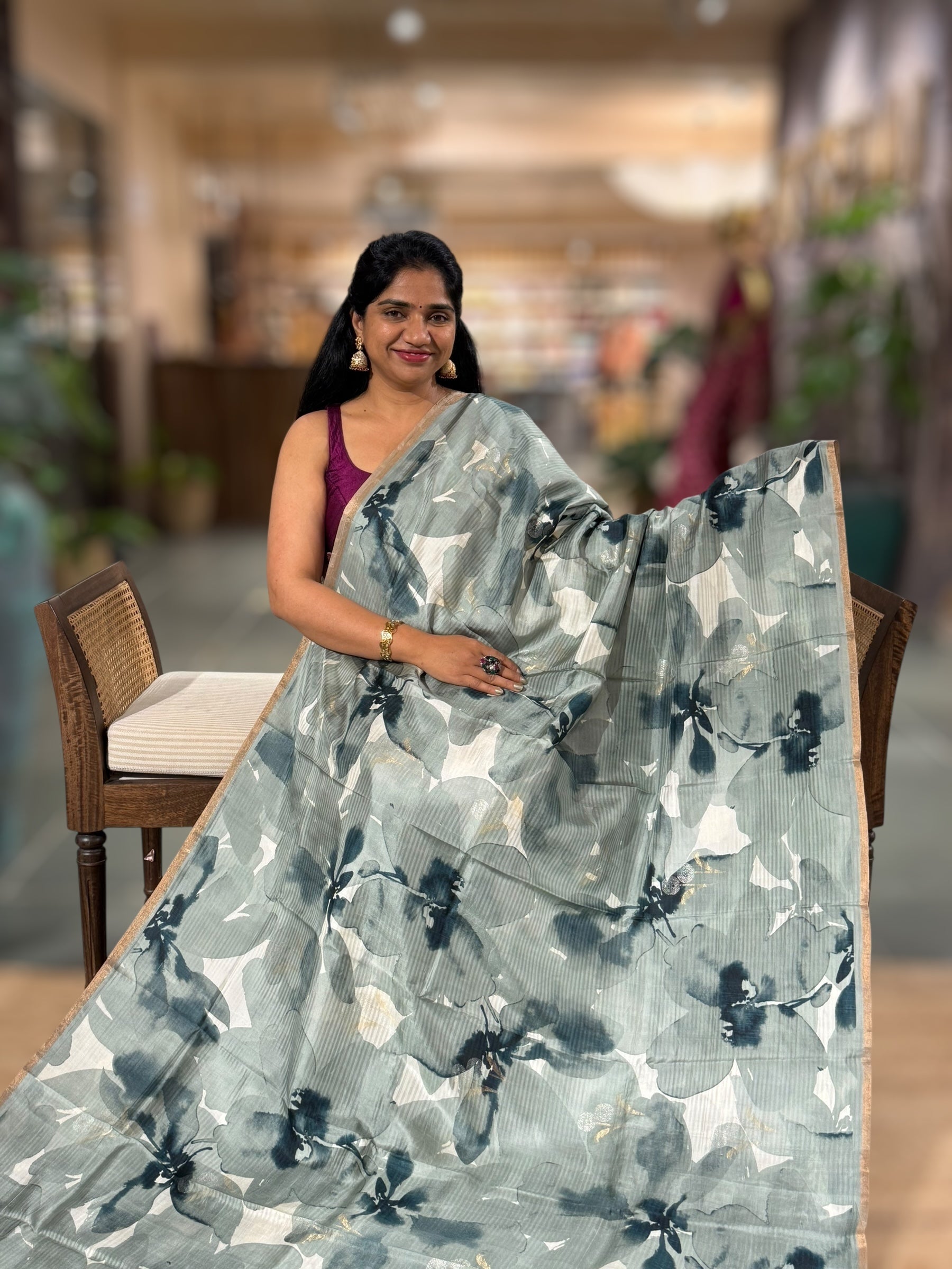Light Sage Green  Kanchi Soft Silk with Allover Water Color Paint Style Print