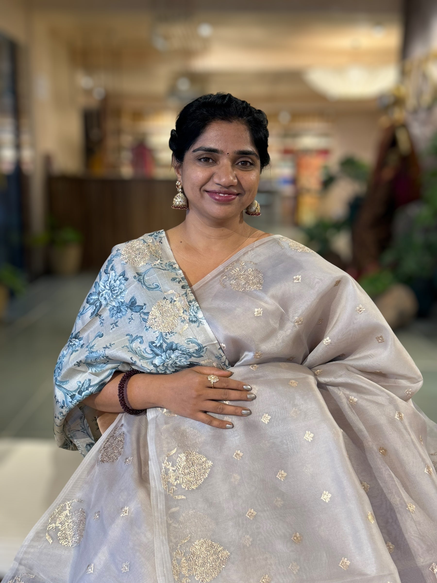 Silverish Grey  Organza Saree With Embroidered Motifs & Tussar Printed Blouse