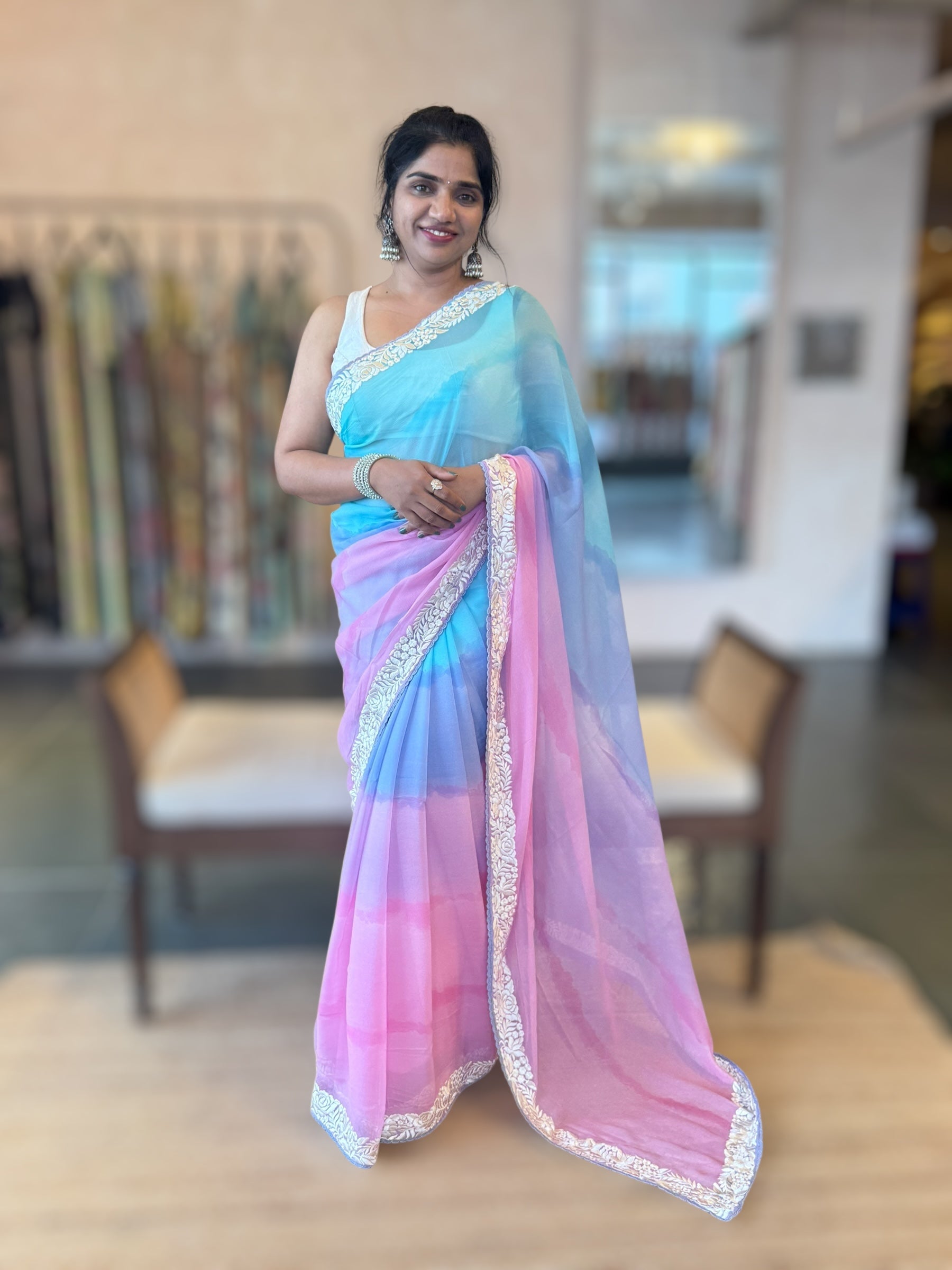 Pure Chiffon Saree with Ombre Brush dyeing & Parsi Gara Embroidered Border