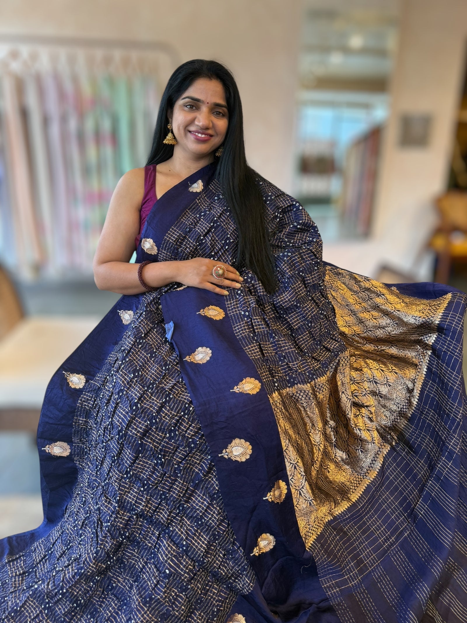 Midnight Blue Banarasi Bandhej Silk Saree With Kaduwa Woven Open Mashru Borders