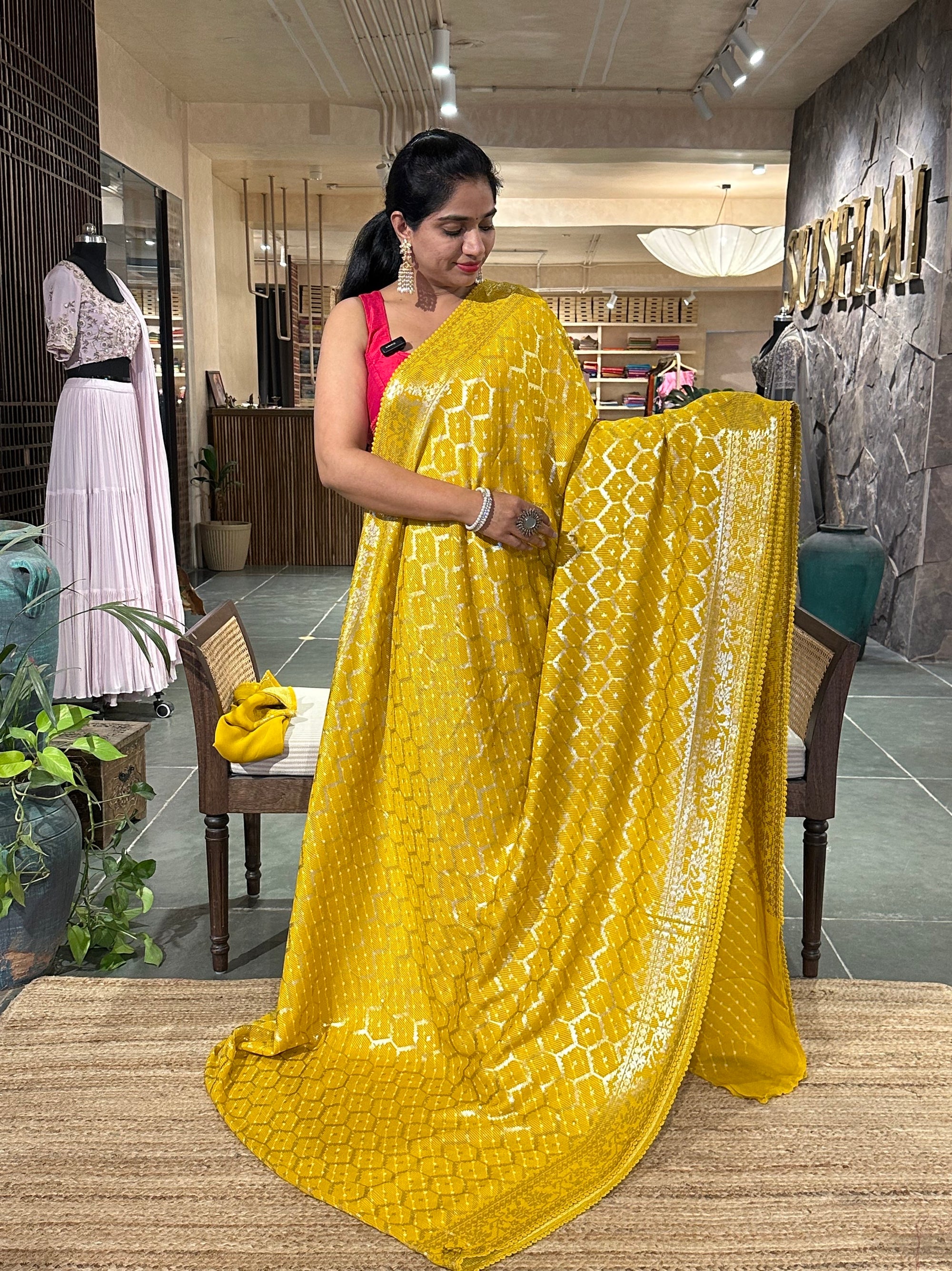 Yellow Pure Gorgette Lehariya Bandhini Sequnce Saree
