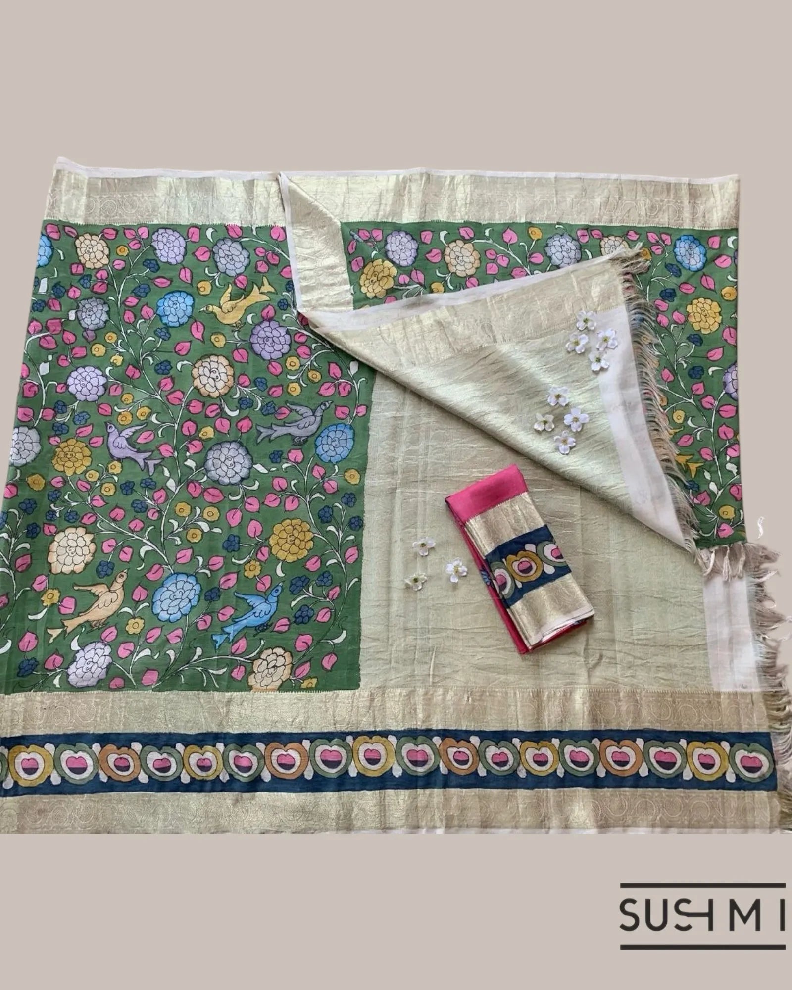 Green Kanchi Pen kalamkari handpainted saree with heavy borders