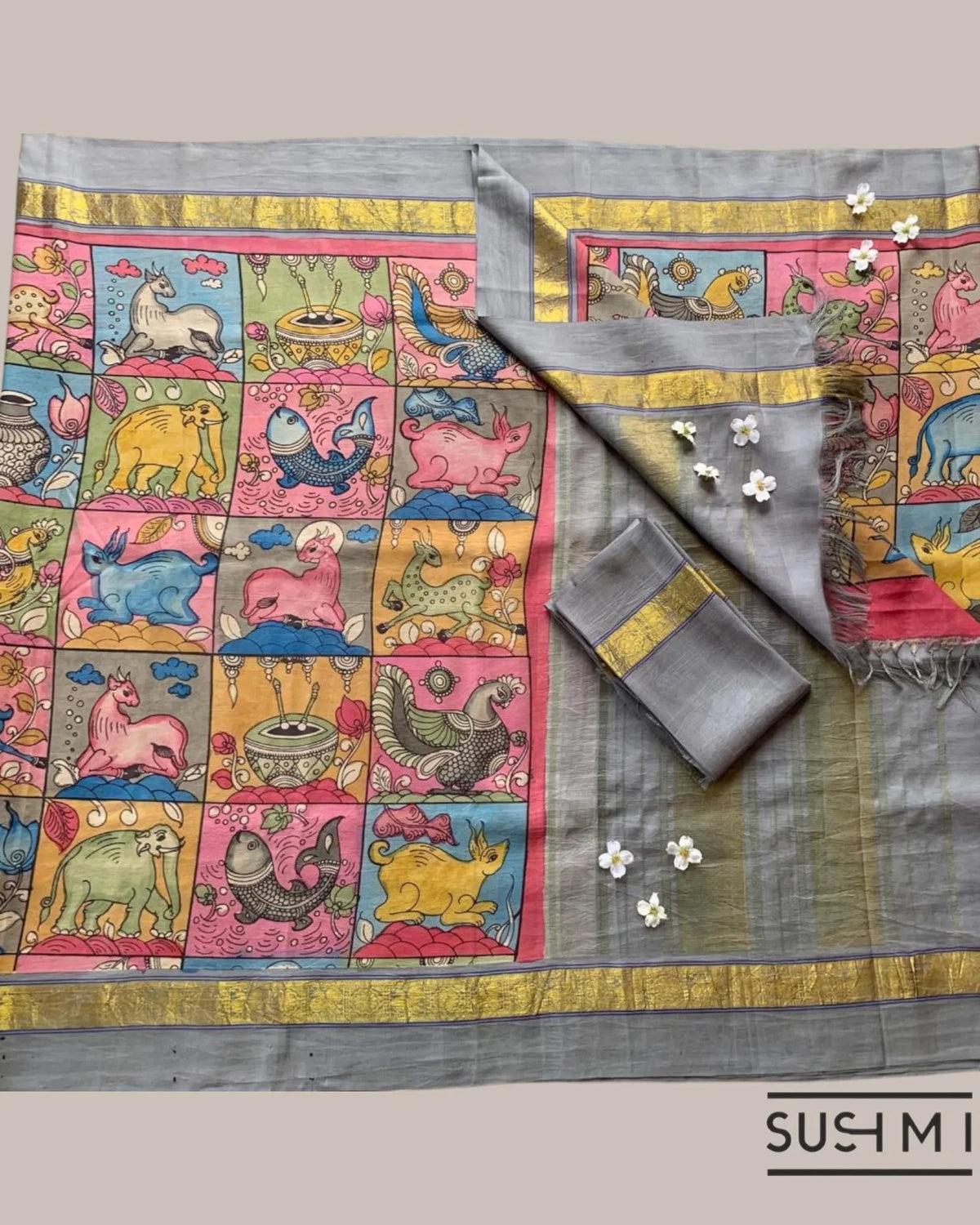 Kanchi Pen kalamkari handpainted saree with heavy borders