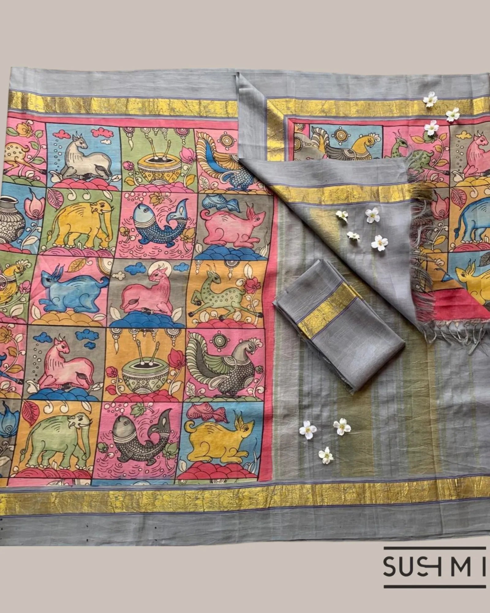 Kanchi Pen kalamkari handpainted saree with heavy borders