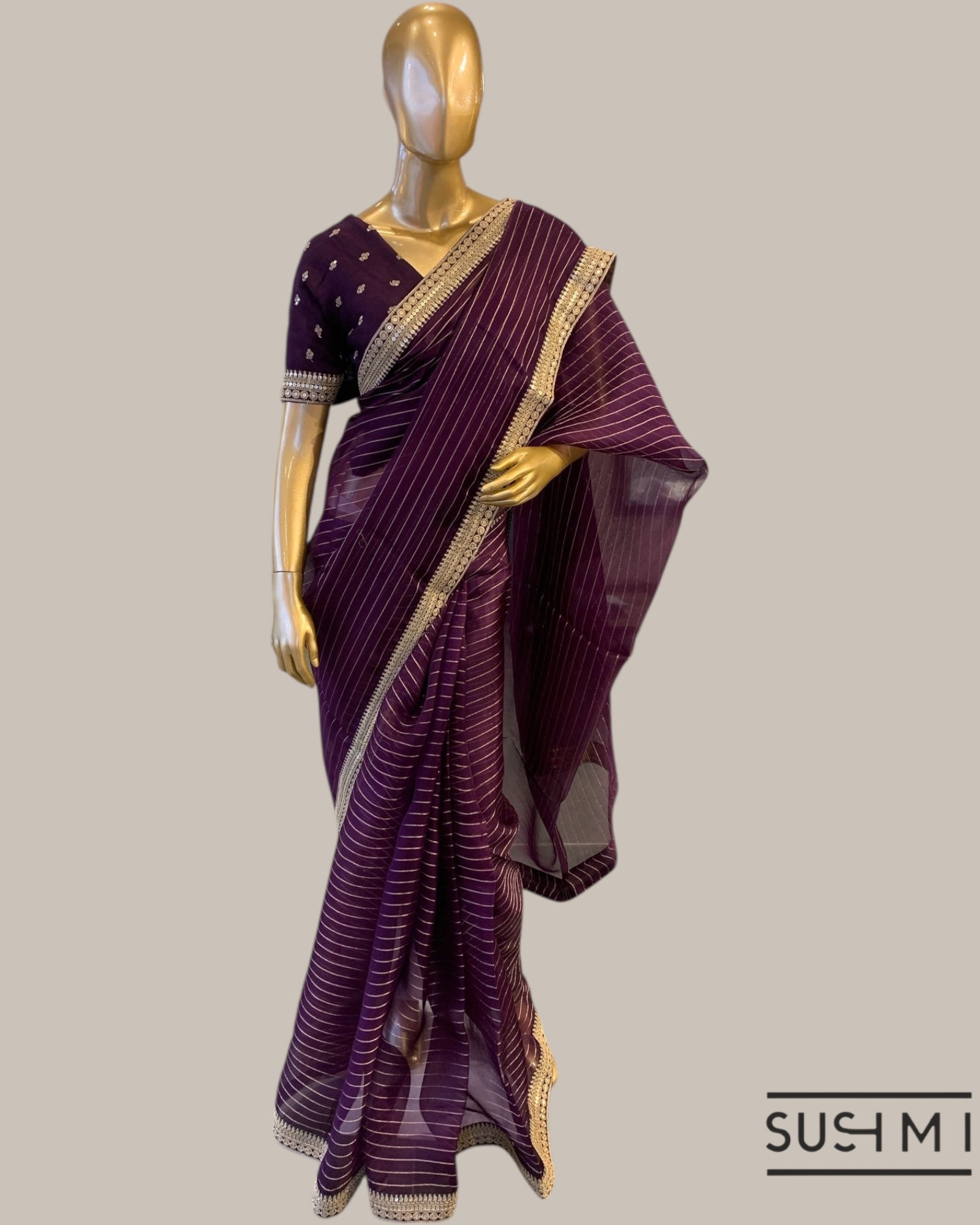 Wine Organza Saree with Zari stripes Hemlined with sabhyasachi border and blouse