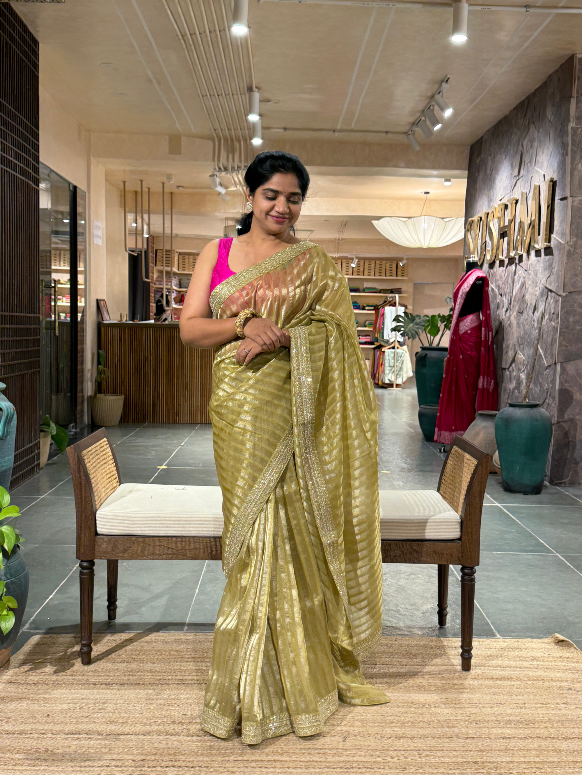 SKTSA601 : Pista Kora Tissue Stripes Saree wth Sabhyasachi borders & Blouse