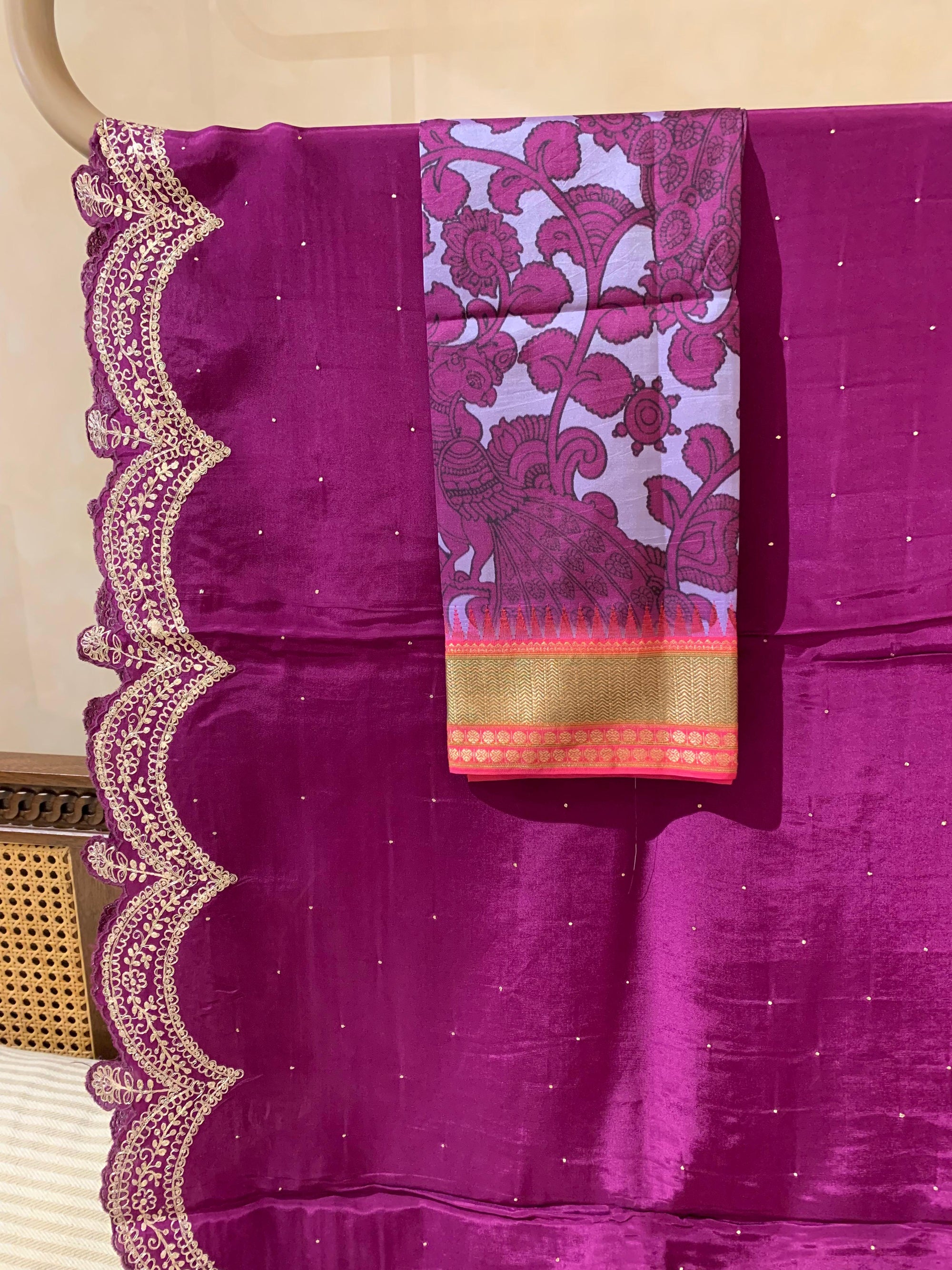 Wine Crepe Silk Saree With Pita Work Scallop Border