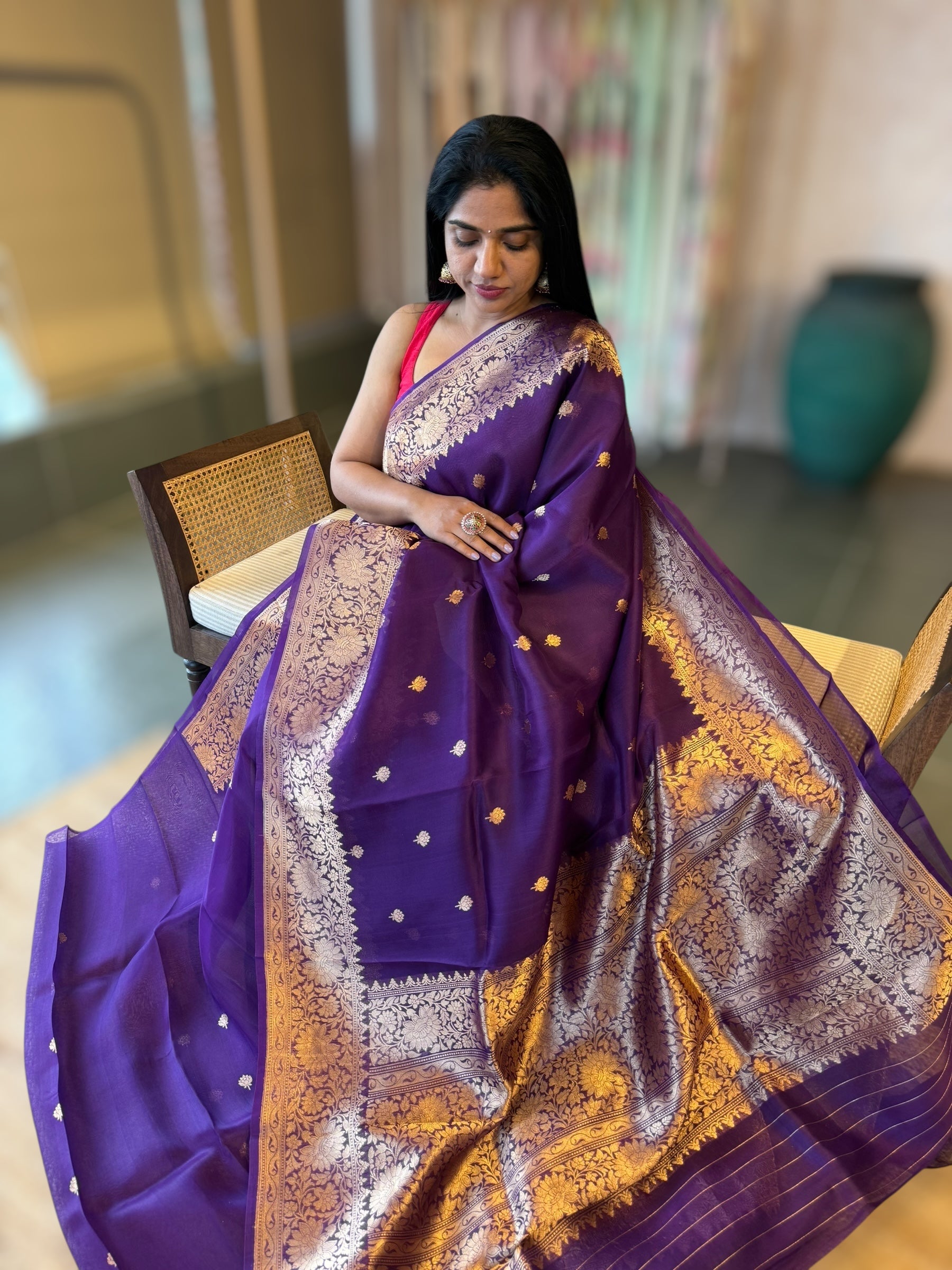 Violet Pure Handloom Kora Banarasi Saree With Kaduwa Woven Motifs