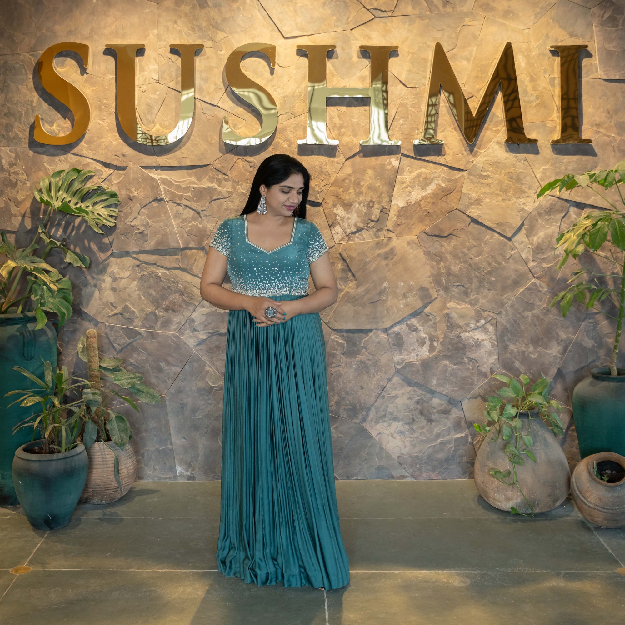 Peacock Blue Modal Satin Silk Long Frock with handwork yoke