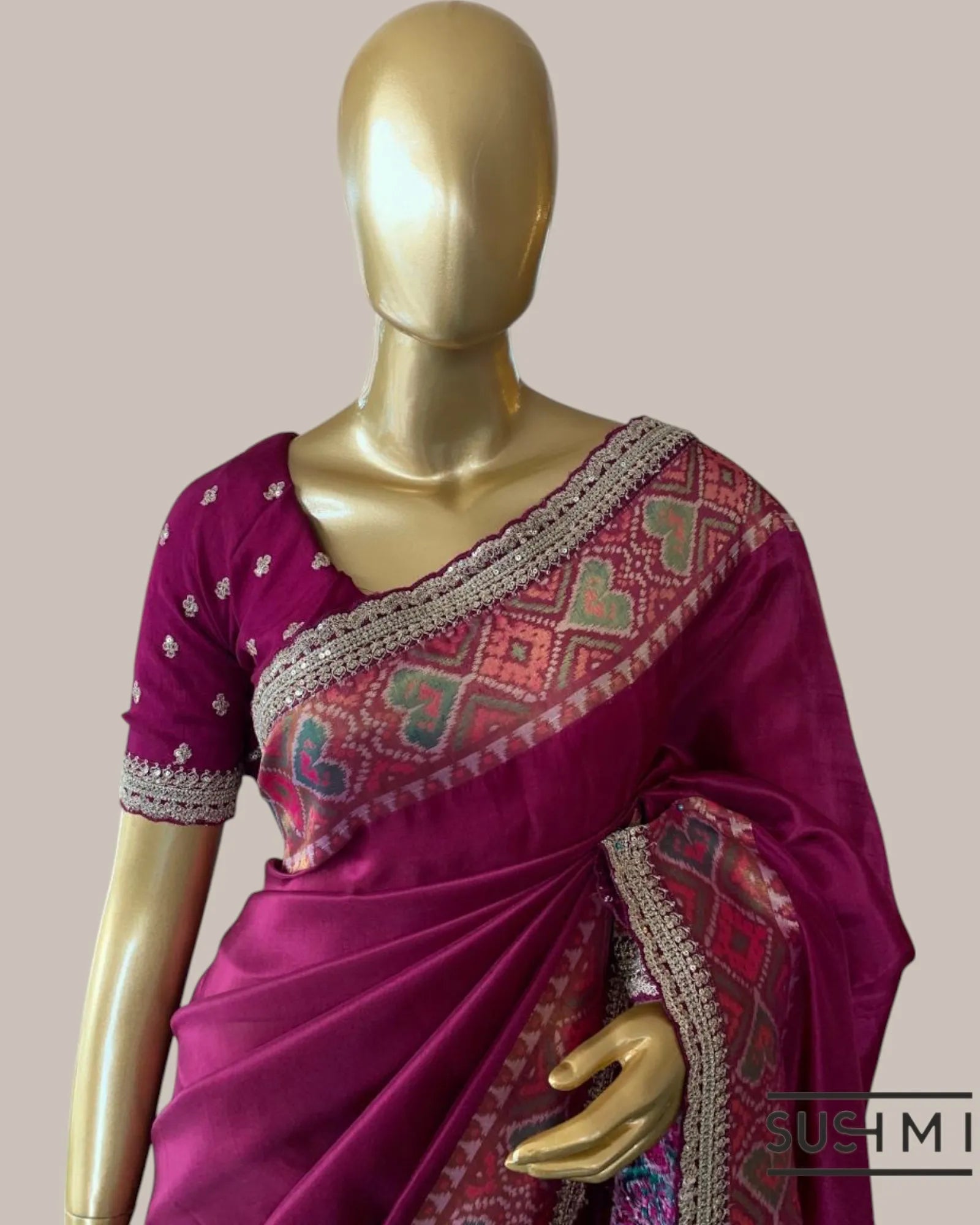 Beetroot Pink Tussar Silk Gorgette Saree in Ikkath Patola style Chevron body and