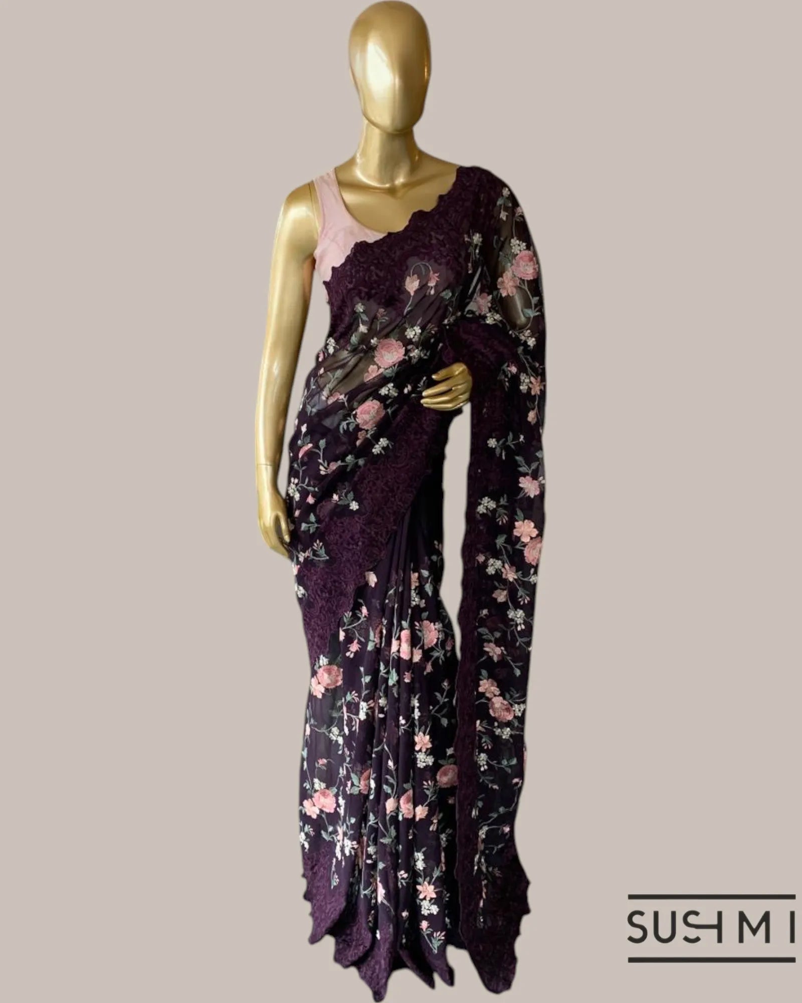 Wine Pure Gorgette Saree With Petite Point Style Allover Embroidery   Original p