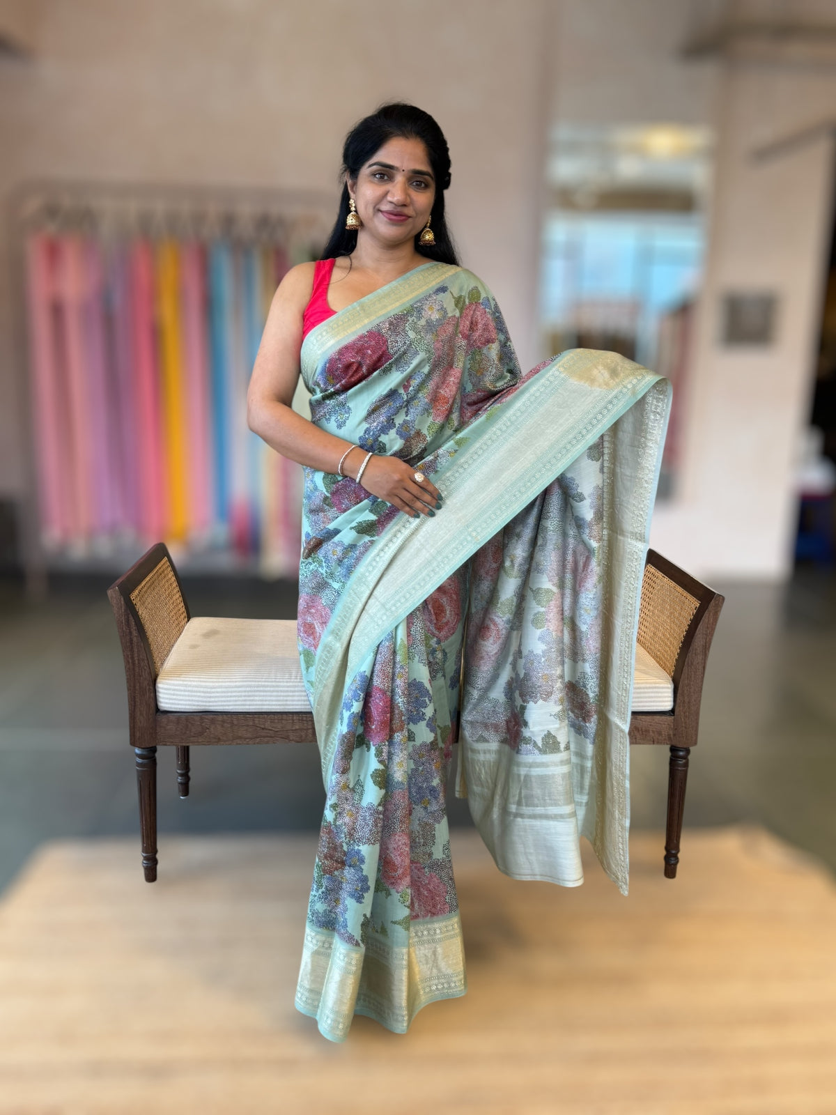 Pista Chiniya Silk Saree With Petite Point  Emb Style Print