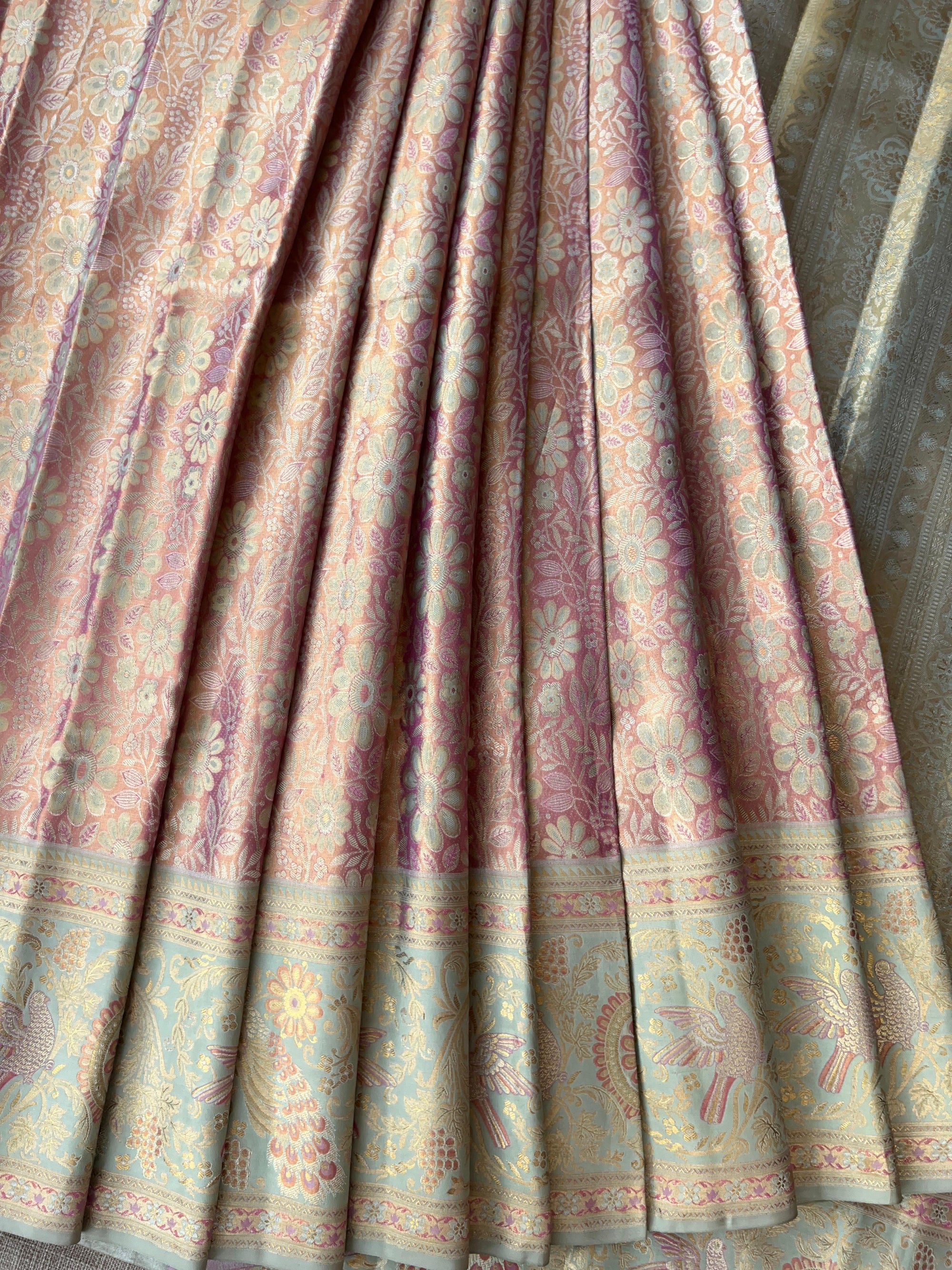 Pastel Pink & Piwder Blue  Kanchi Pattu Saree With Allover Meenakari Weaving