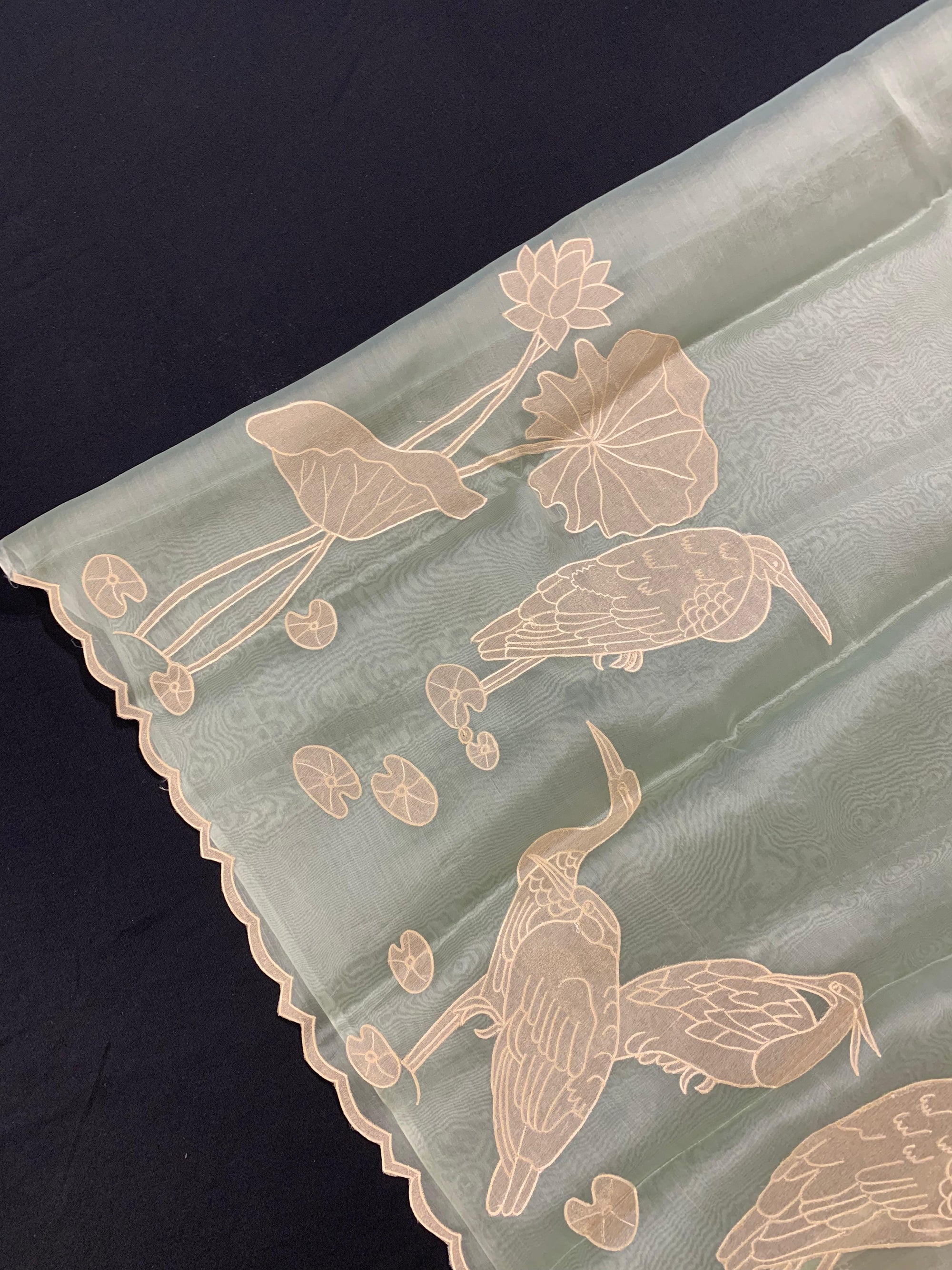 Mint Green Pure Organza Designer Saree with Allover Tissue Applique Embroidery