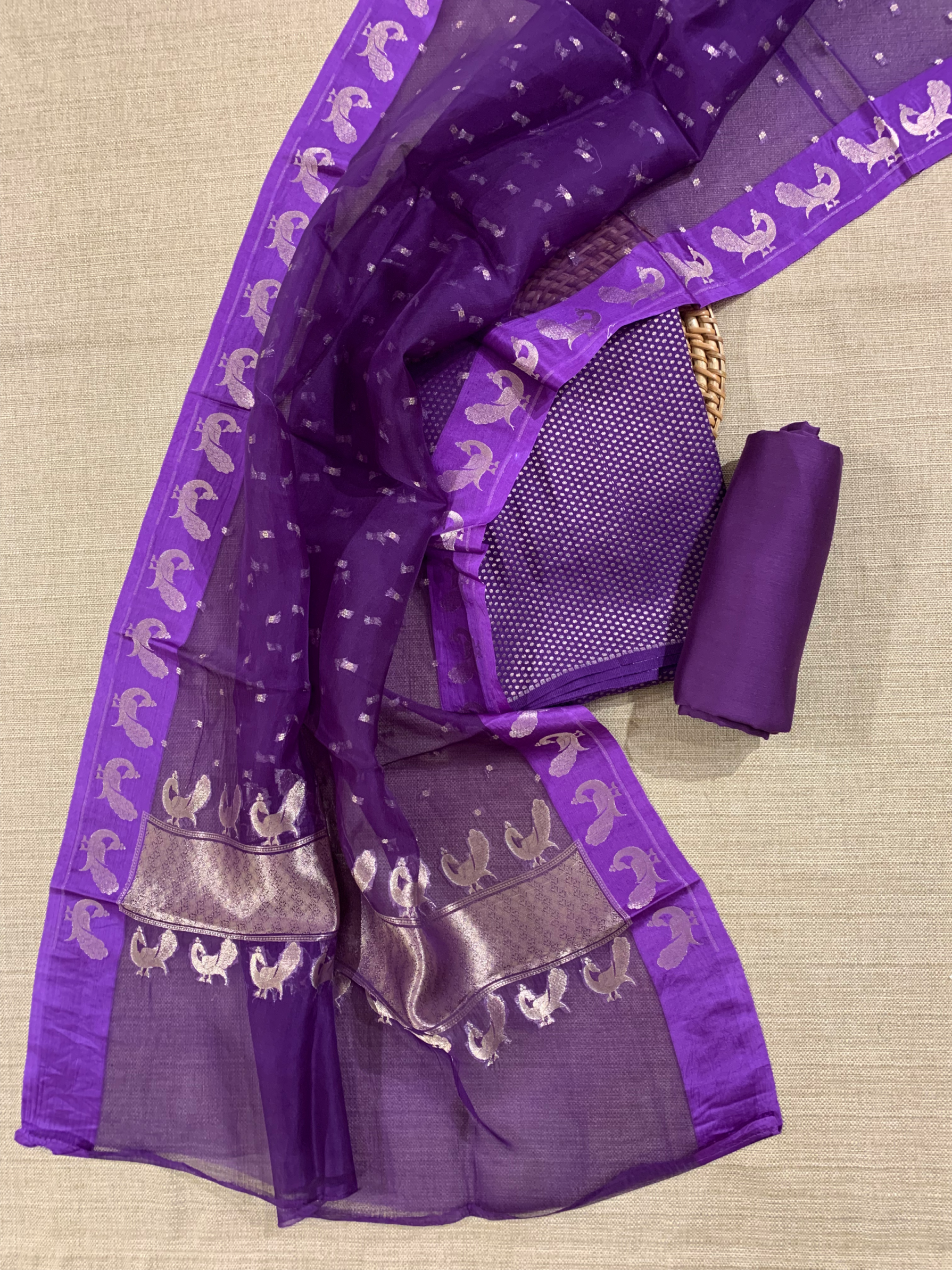 Brinjal Color Pure Handloom Banarasi Moonga Crepe Silk 3-pc Unstitched Suit Set