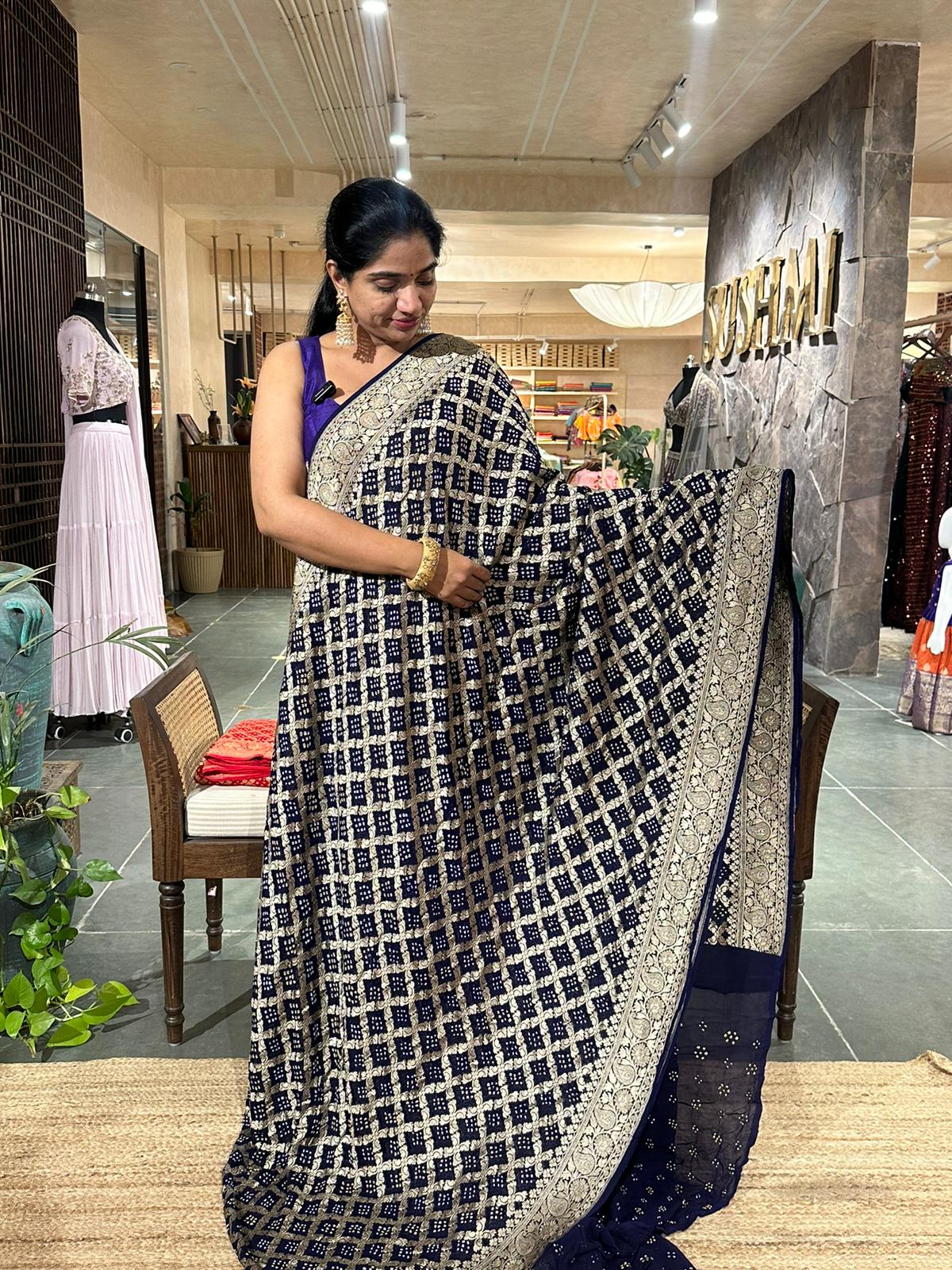 Midnight blue banarsi khaddi georgette handmade bandhej work