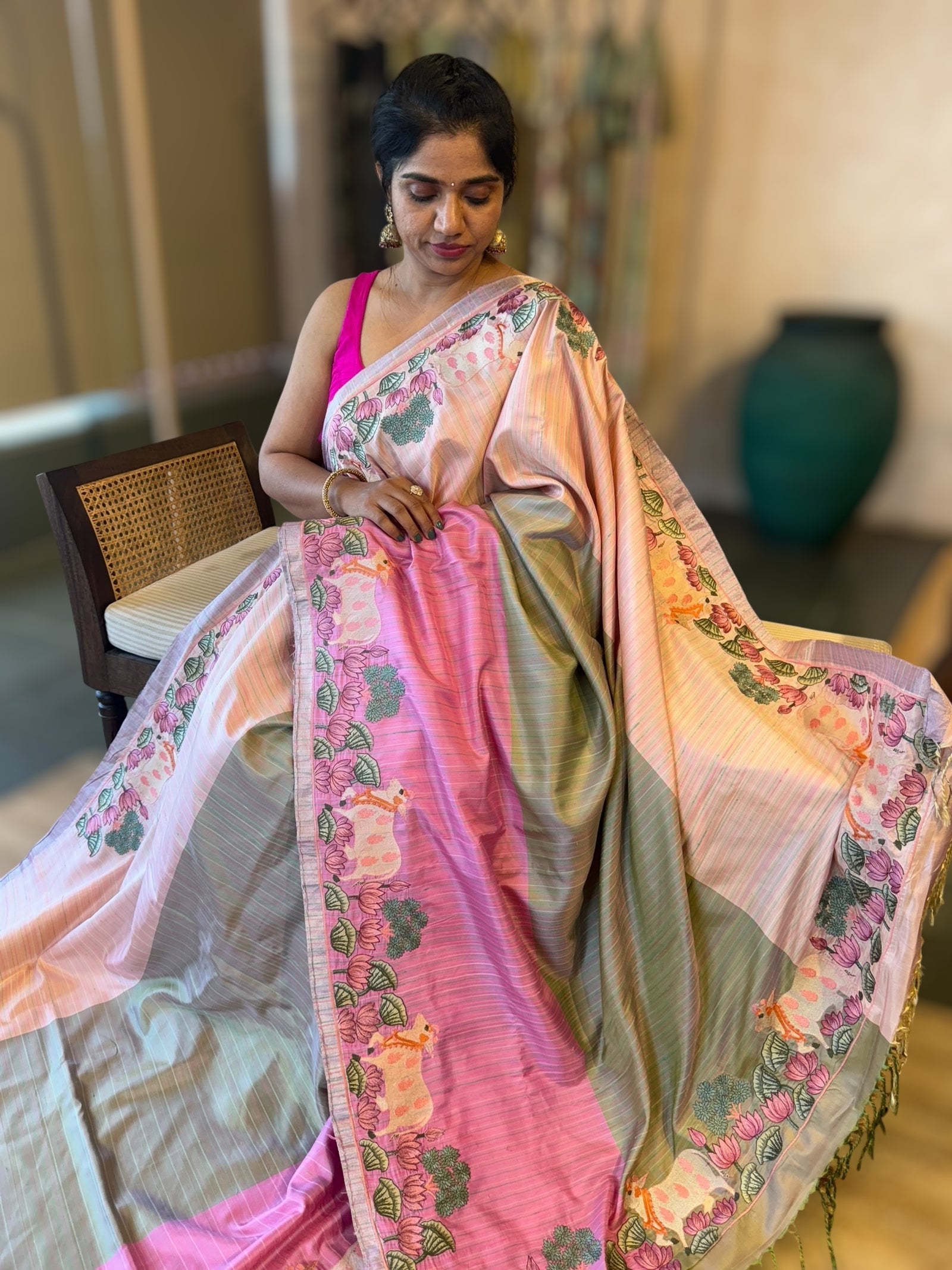 Kanchi Silk Saree in Tricolor With Beautiful Pichwai Embroidered Border